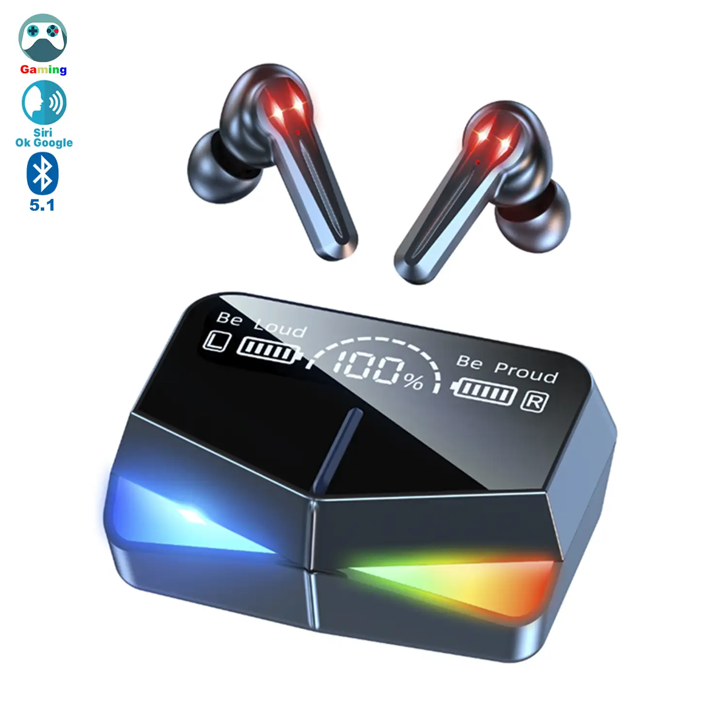 Auriculares Gaming M28 TWS, Bluetooth 5.1. Modos de sonido gaming y música. Base de carga con luces led RGB. Control táctil.