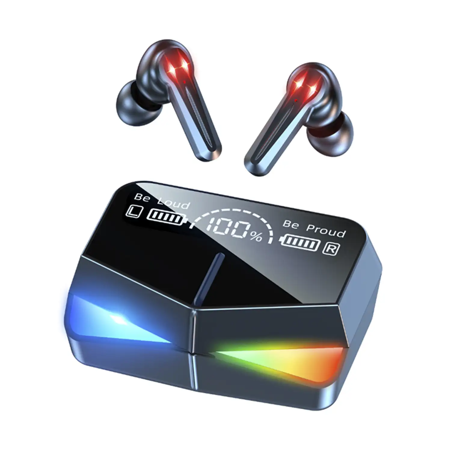 Auriculares Gaming M28 TWS, Bluetooth 5.1. Modos de sonido gaming y música. Base de carga con luces led RGB. Control táctil.