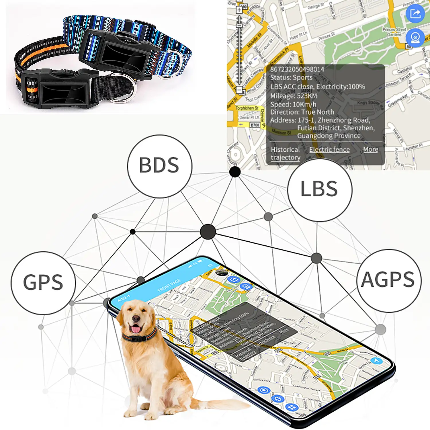 Localizador GPS especial para perros y mascotas. BDS+LBS+AGPS. Collar de 40 a 64cm de diámetro, reflectante.