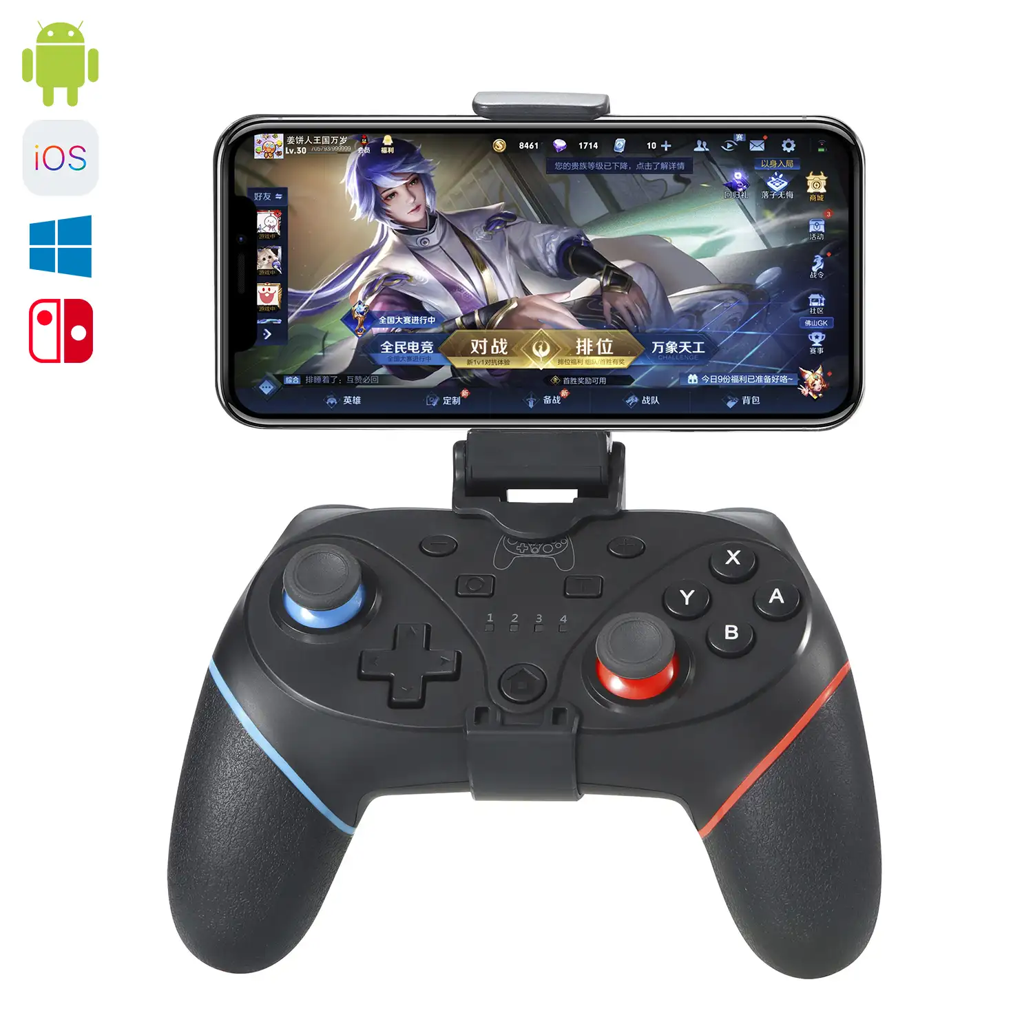 Mando inalámbrico con sujeción portable móvil. Conexión bluetooth. Compatible con Switch, Android, iOS y PC.