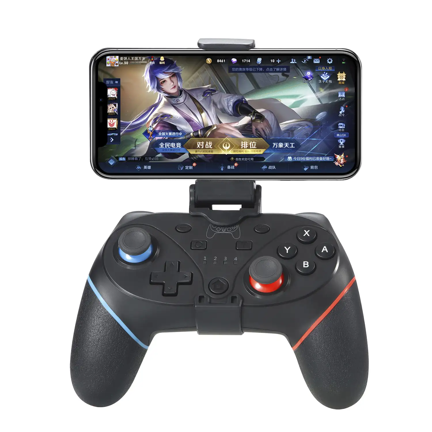 Mando inalámbrico con sujeción portable móvil. Conexión bluetooth.  Compatible con Switch, Android, iOS y PC.