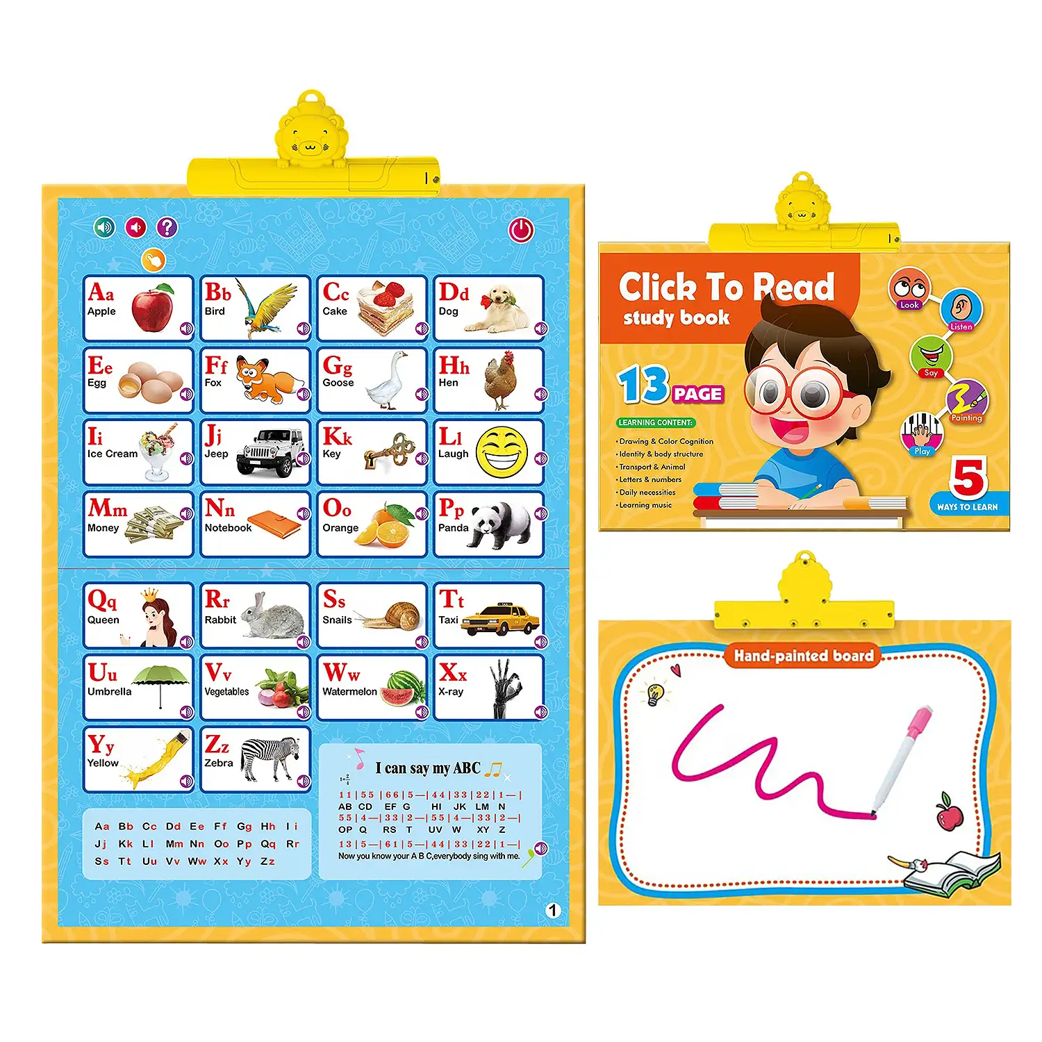 Libro de aprendizaje inglés con sonidos y pizarra.