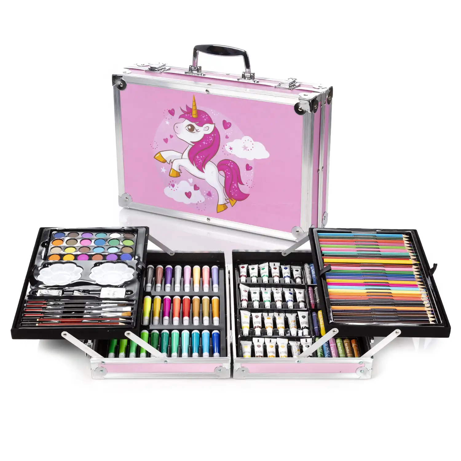 Set completo de pintura y dibujo 145 piezas oleo,acuarelas, ceras,rotuladores, pastel y lapices con accesorios. Maletín de aluminio premium desplegable en bandejas.