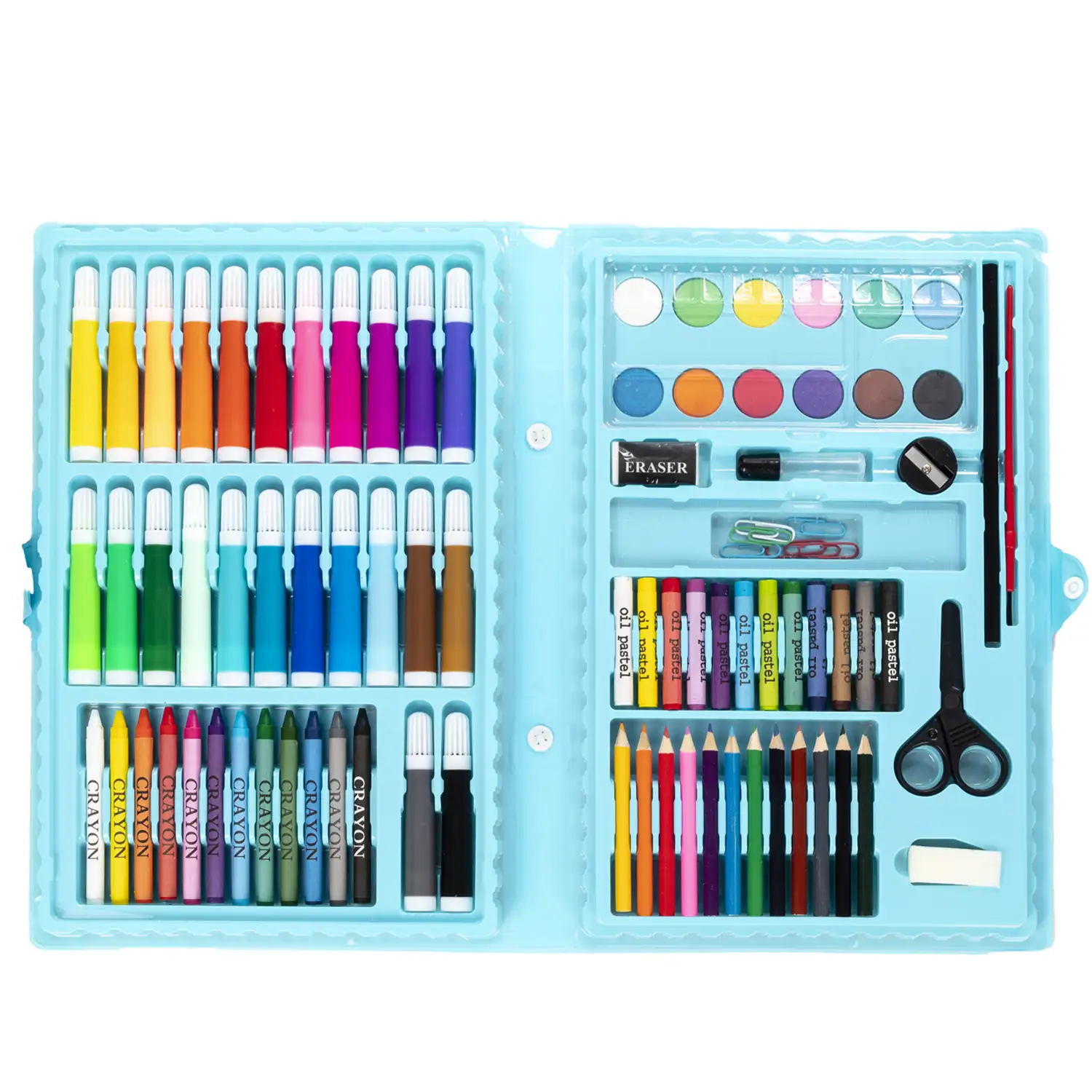 Set básico de pintura y dibujo 86 piezas acuarelas, ceras,rotuladores, pastel y lápices con accesorios.