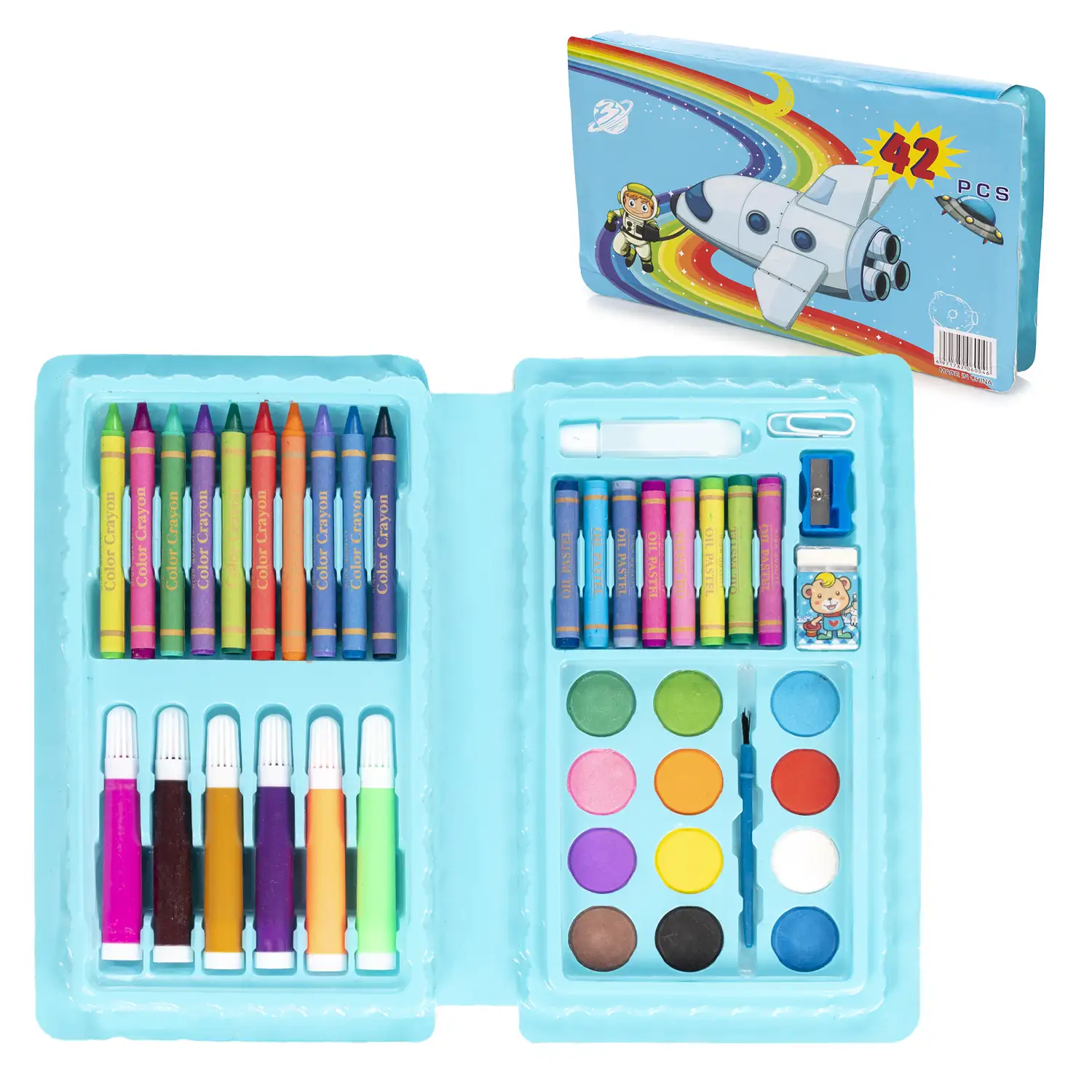 Set básico de pintura y dibujo 42 piezas acuarelas, ceras,rotuladores, pastel y accesorios.