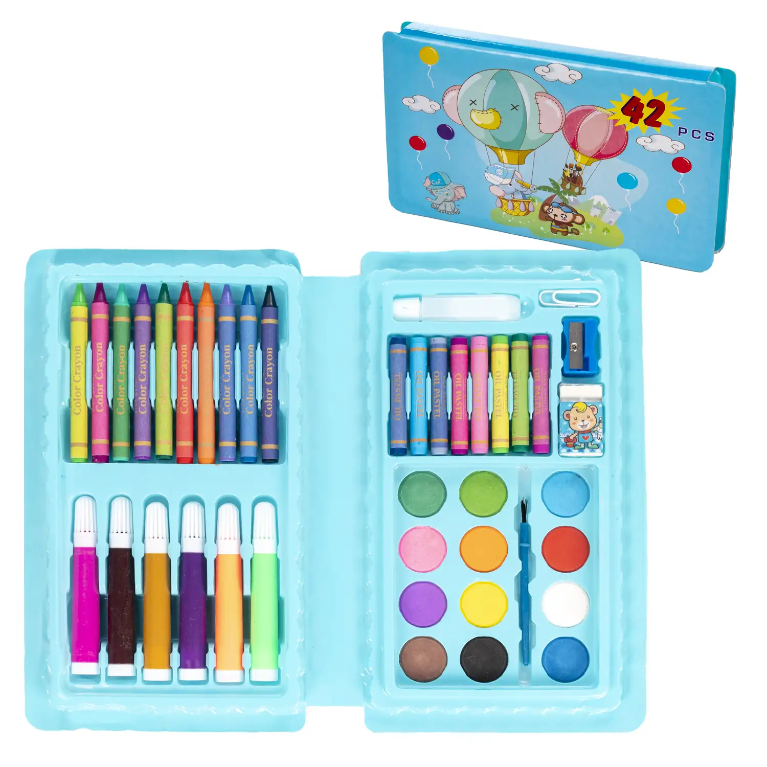 Set básico de pintura y dibujo 42 piezas acuarelas, ceras,rotuladores, pastel y accesorios.