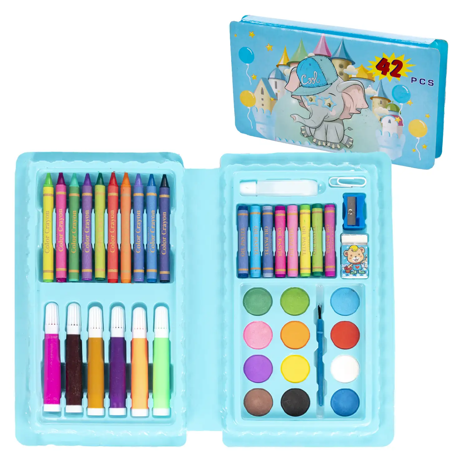 Set básico de pintura y dibujo 42 piezas acuarelas, ceras,rotuladores, pastel y accesorios.