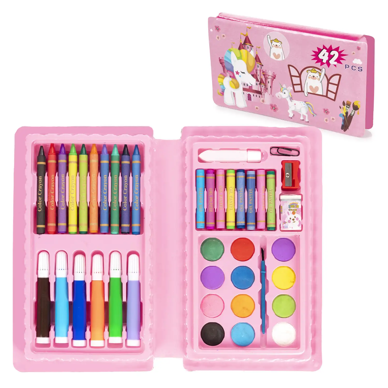 Set básico de pintura y dibujo 42 piezas acuarelas, ceras,rotuladores, pastel y accesorios.