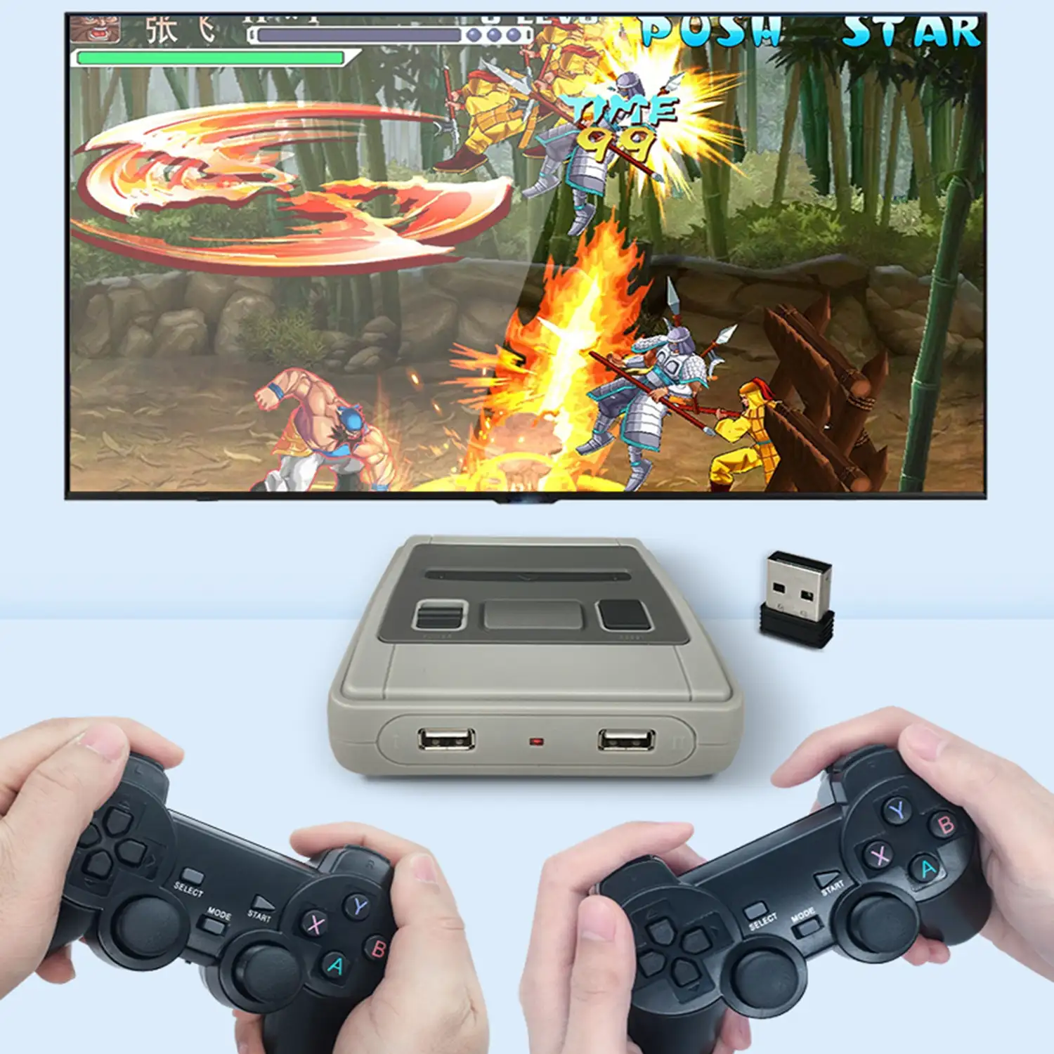 Consola retro simulador de juegos Inalámbrica de dos jugadores. Incluye dos mandos inalámbricos y tarjeta memoria con más de 13,000 juegos.