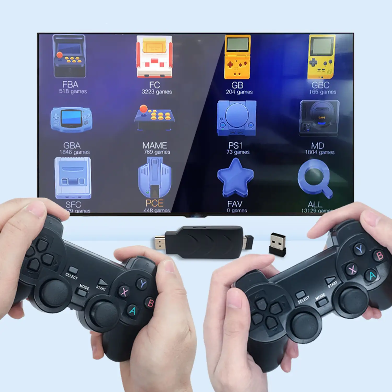 Consola videojuegos conexión a tu pantalla TV. Soporta 4K. Incluye 13.000 juegos y dos mandos inalámbricos.
