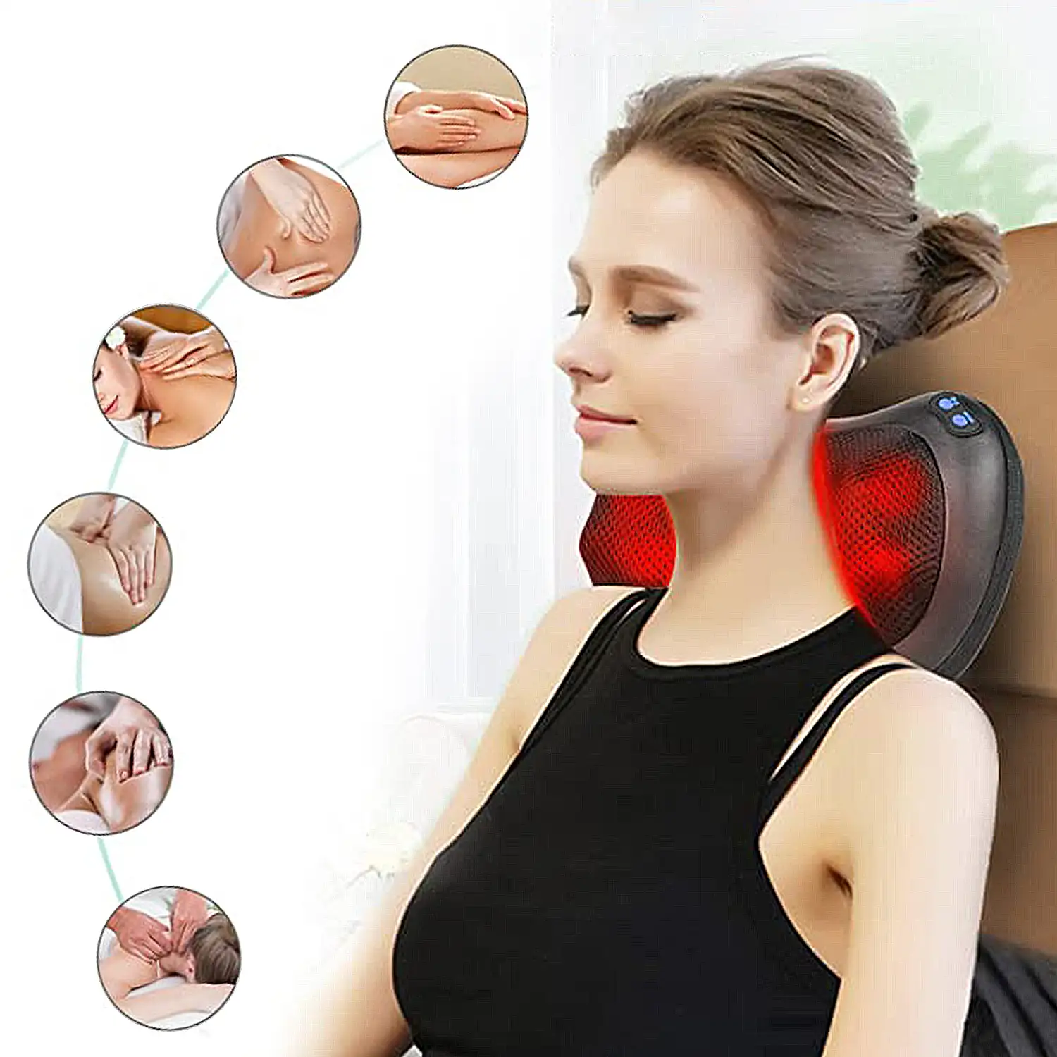 Almohada de masaje inteligente de espalda y cuello con dispositivo de tracción cervical.