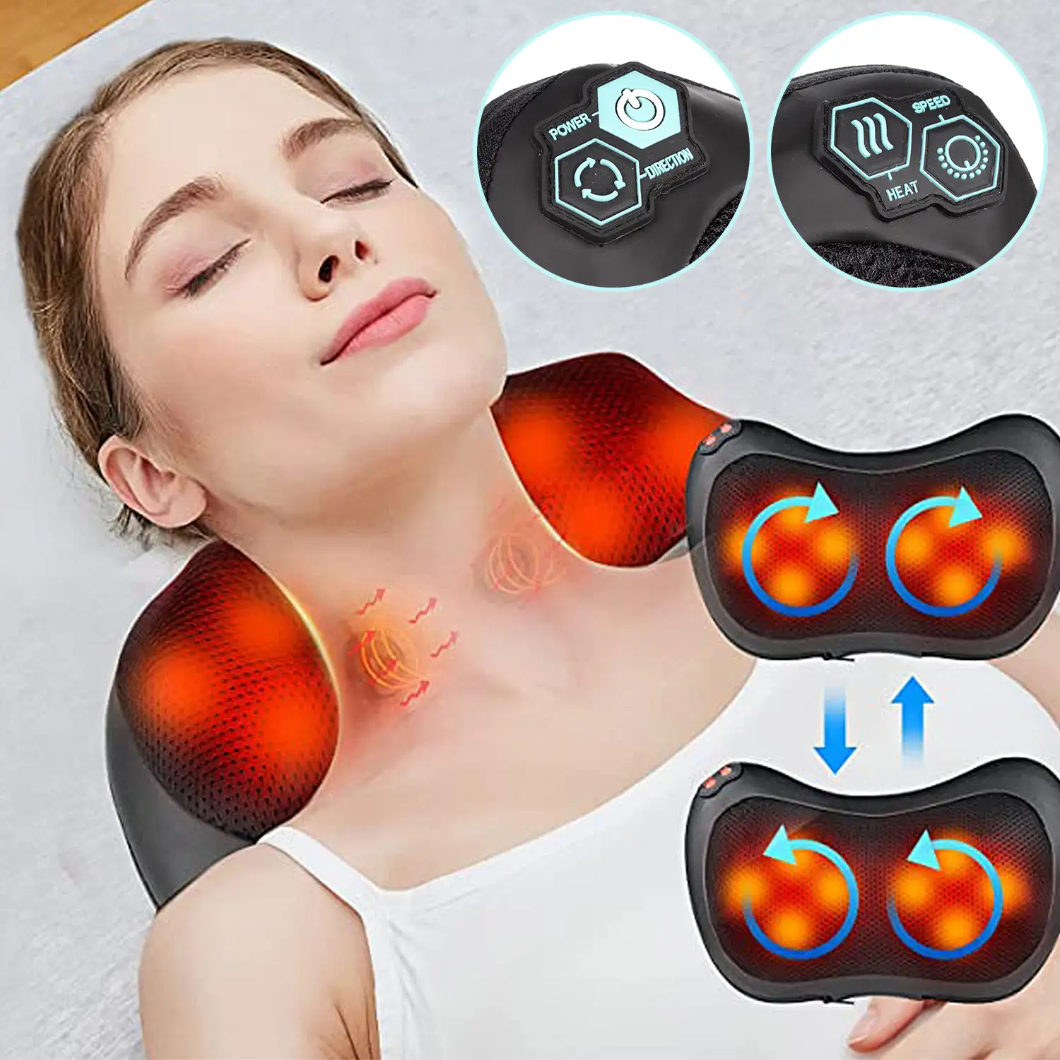 Almohada de masaje inteligente de espalda y cuello con dispositivo de tracción cervical.