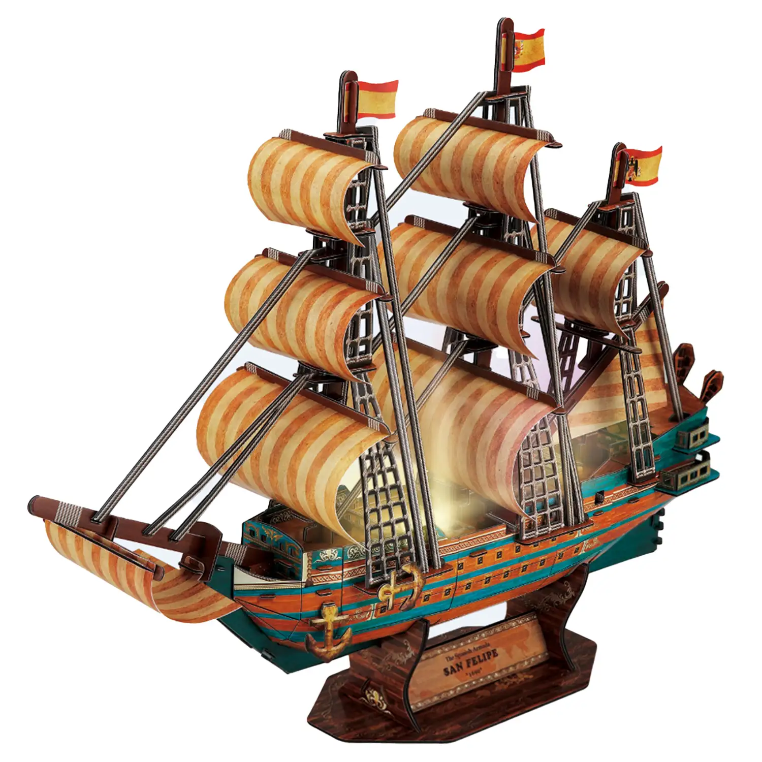 Puzle 3D buque Armada Española SAN FELIPE con luces LED. 46*14*36,4 cms y 146 piezas.