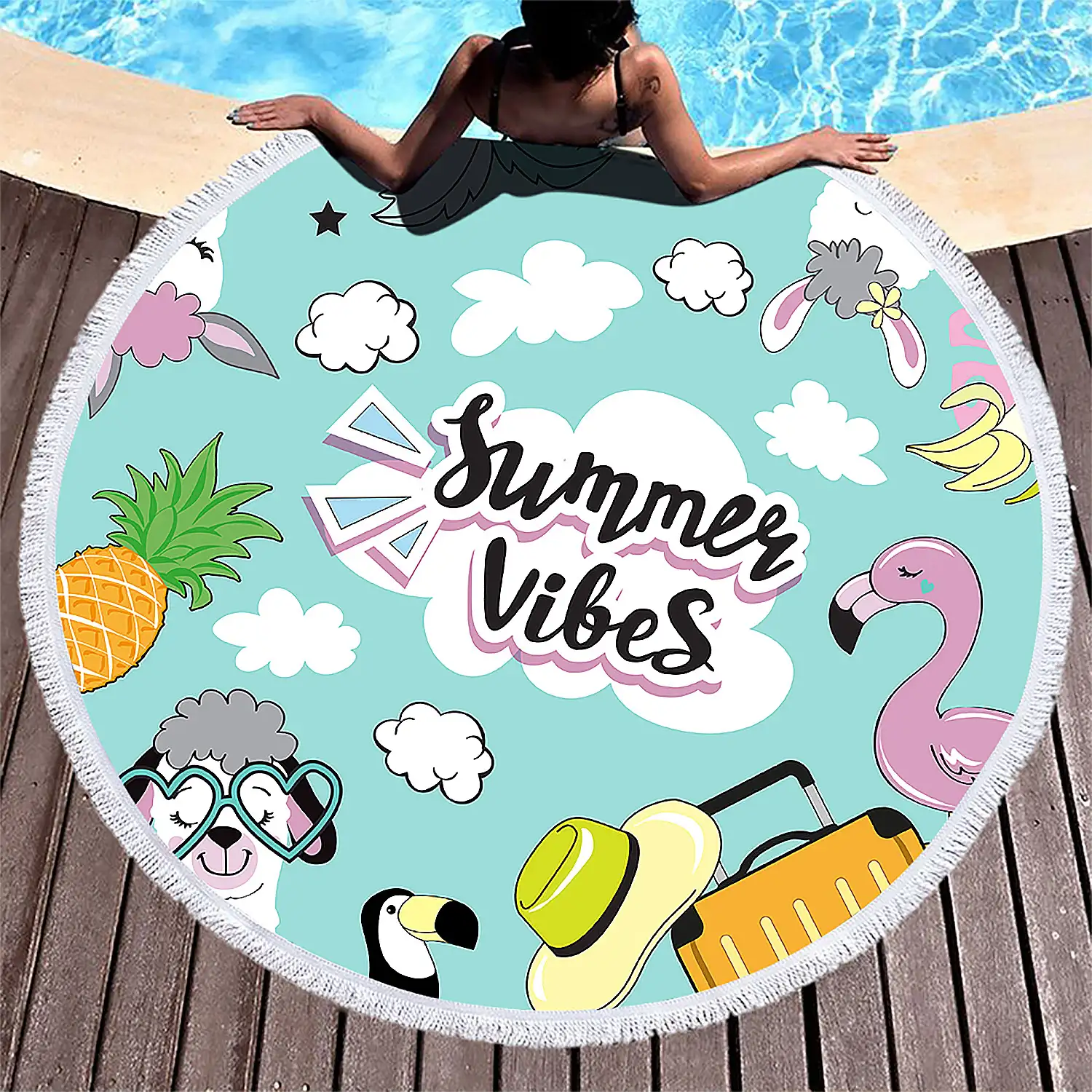 Toalla redonda ,tapete redondo multiusos 150cms, 205 GSM. Diseño Summer Vibes.