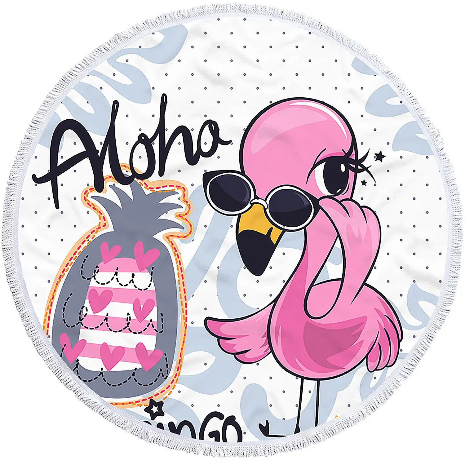 Toalla redonda ,tapete redondo multiusos 150cms, 205 GSM. Diseño Aloha Flamingo.