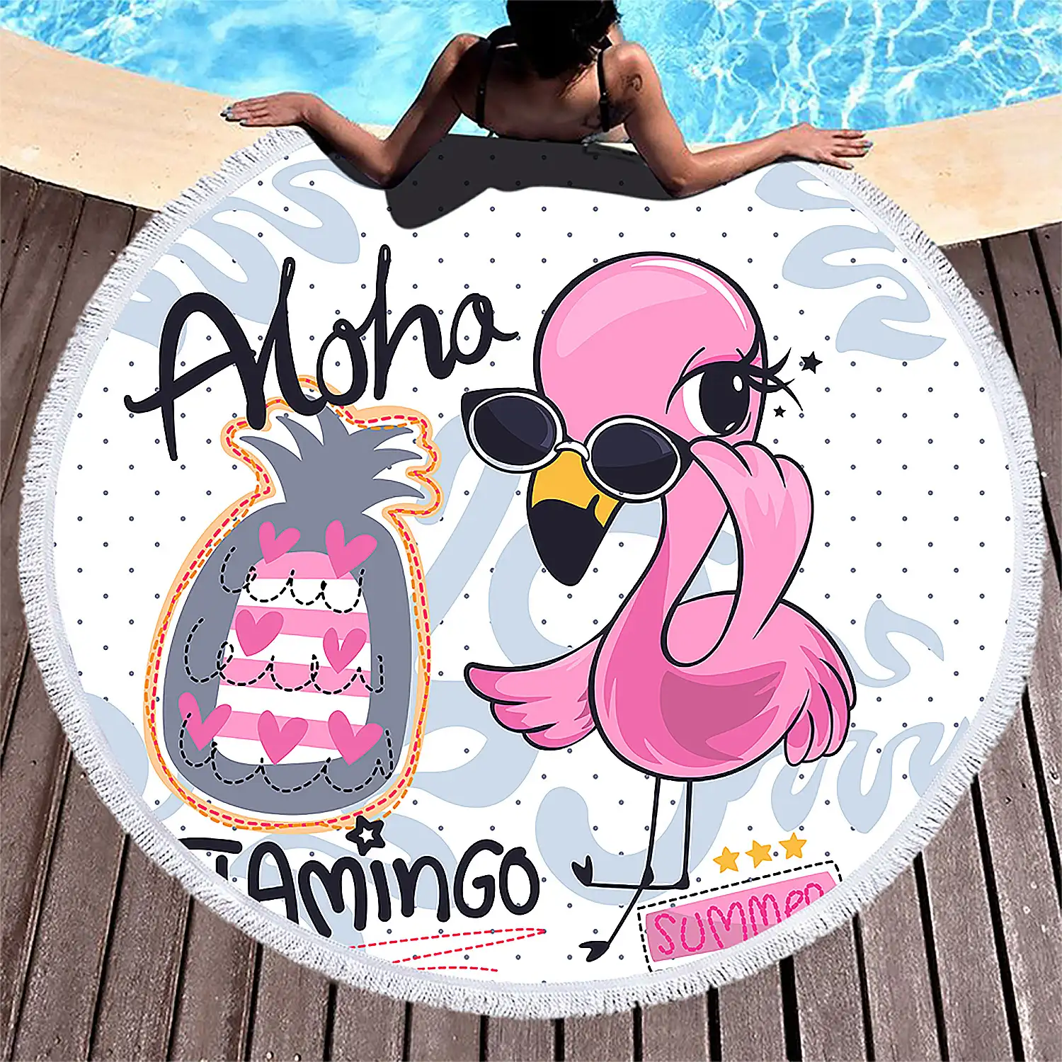 Toalla redonda ,tapete redondo multiusos 150cms, 205 GSM. Diseño Aloha Flamingo.