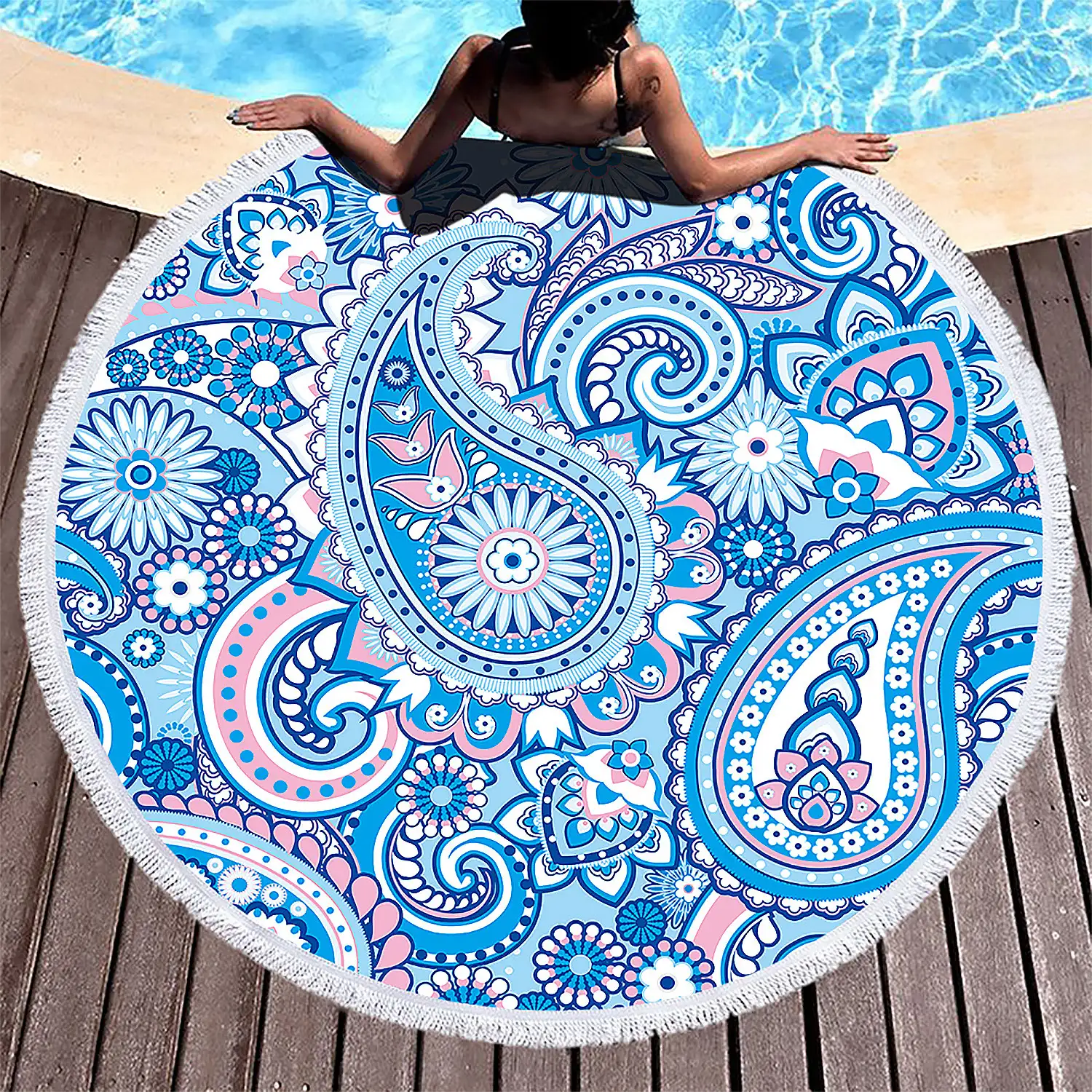 Toalla redonda ,tapete redondo multiusos 150cms, 205 GSM. Diseño estampado.