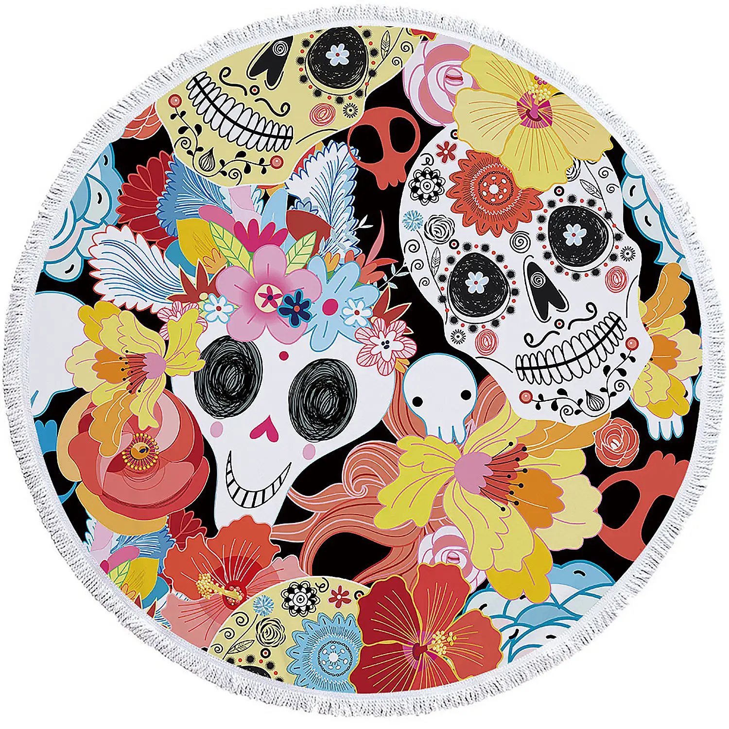Toalla redonda ,tapete redondo multiusos 150cms, 205 GSM. Diseño Sugar Skulls - Calaveras y flores.