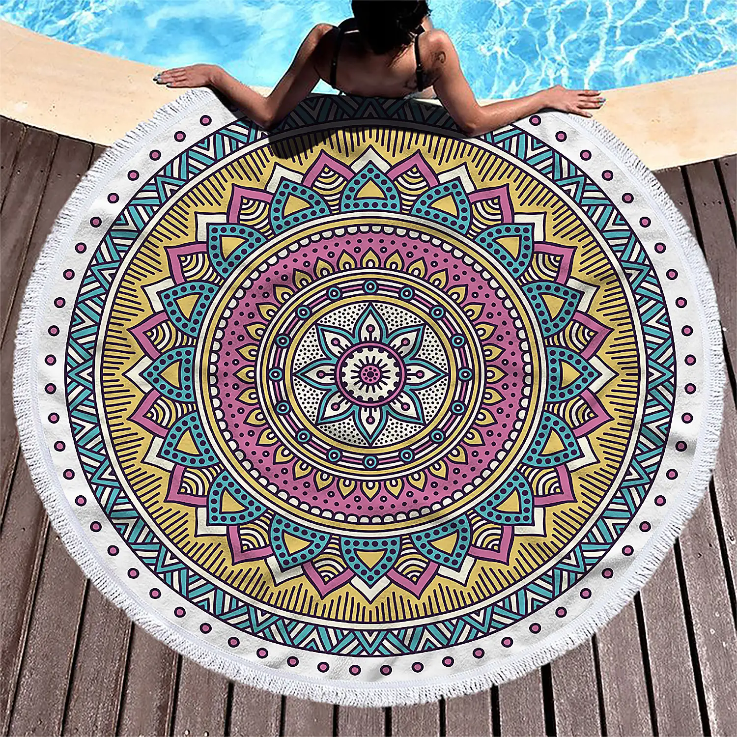 Toalla redonda ,tapete redondo multiusos 150cms, 205 GSM. Diseño mandala.