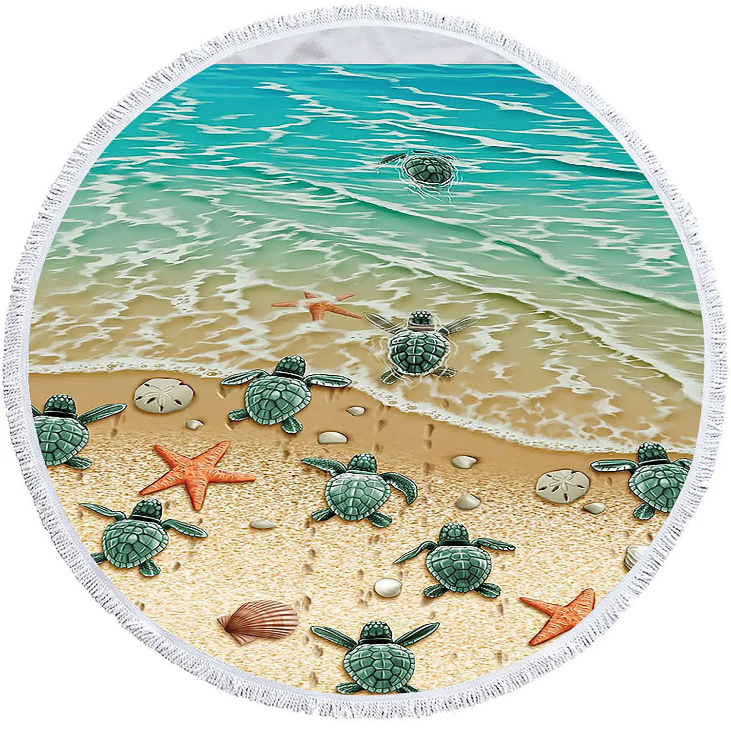 Toalla redonda ,tapete redondo multiusos 150cms, 205 GSM. Diseño tortugas y estrellas de mar.