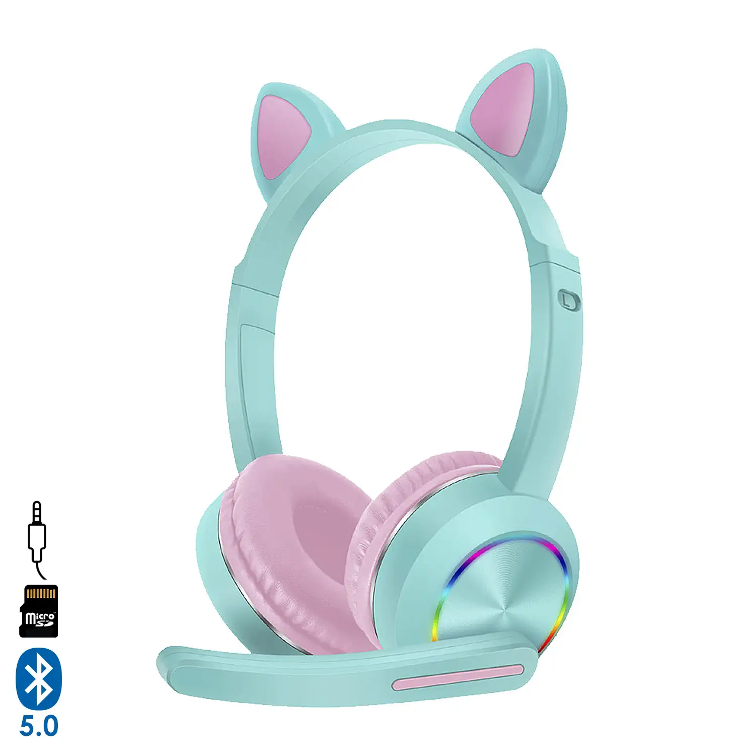 Auriculares gaming infantiles Cat AKZ-K23 con luces led RGB. Bluetooth 5.0, micrófono plegable, Micro SD, entrada Aux.