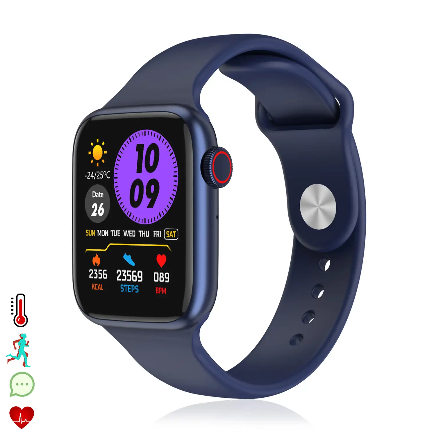 Smartwatch AW9 con corona multifunción. Termómetro, monitor cardiaco, oxígeno en sangre, llamadas bluetooth. Compatible con Android.