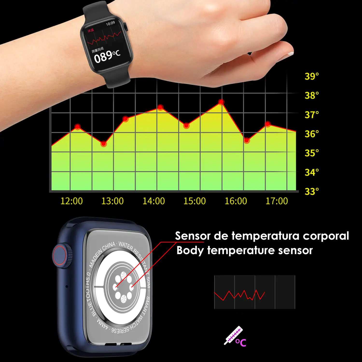 Smartwatch AW9 con corona multifunción. Termómetro, monitor cardiaco, oxígeno en sangre, llamadas bluetooth. Compatible con Android.