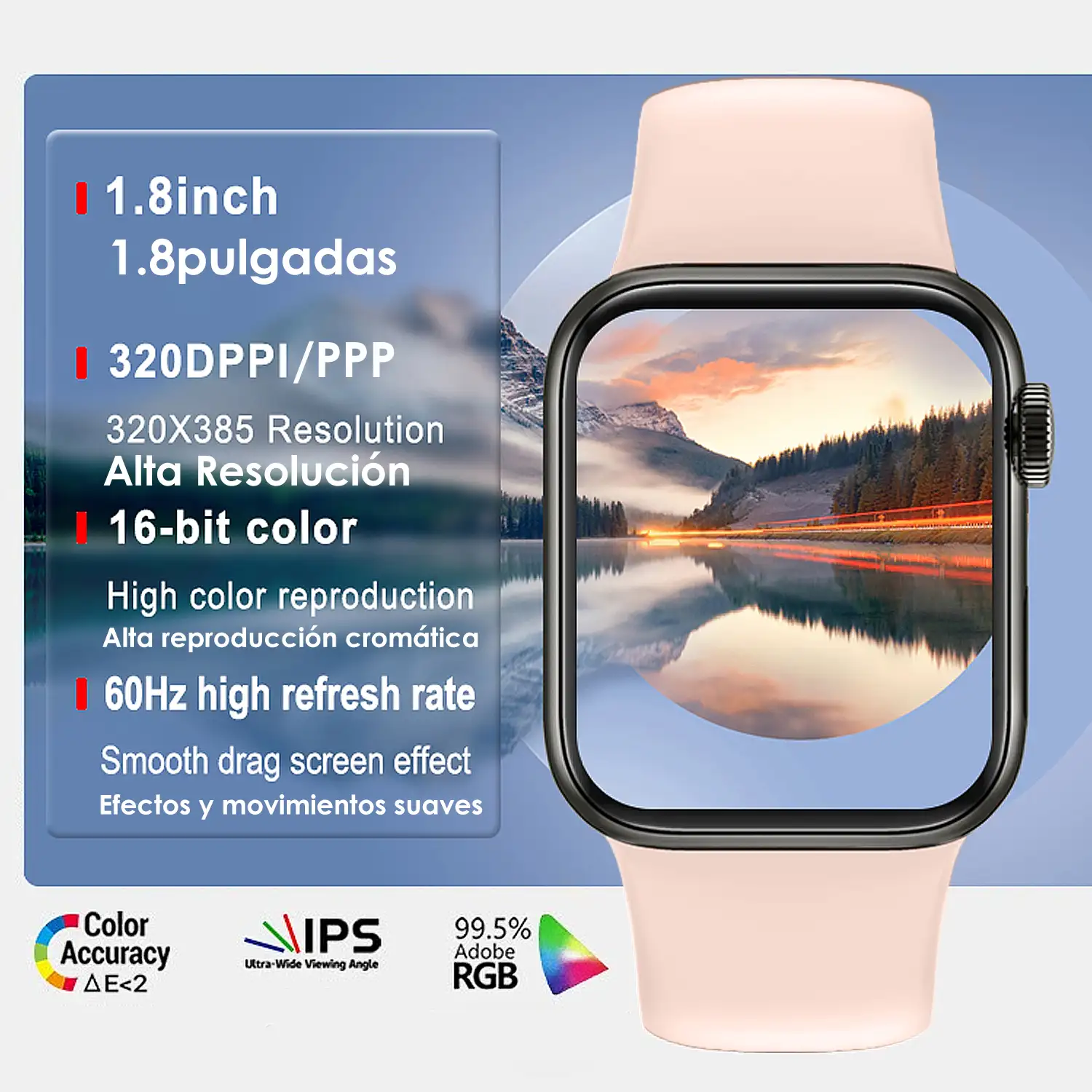 Smartwatch AW20 con notificaciones de redes sociales, modos deportivos, monitor cardiaco y oxígeno en sangre.