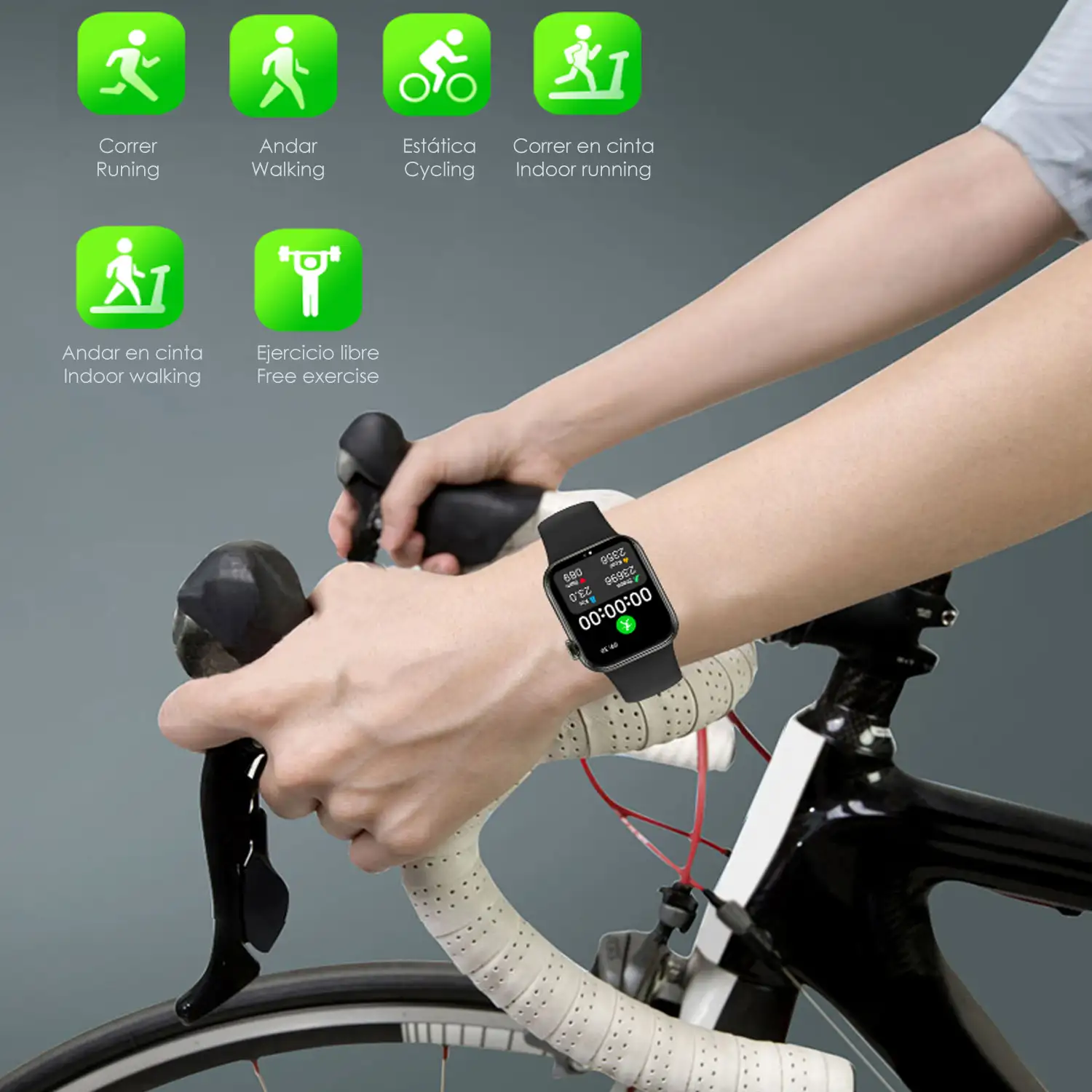 Smartwatch AW20 con notificaciones de redes sociales, modos deportivos, monitor cardiaco y oxígeno en sangre.