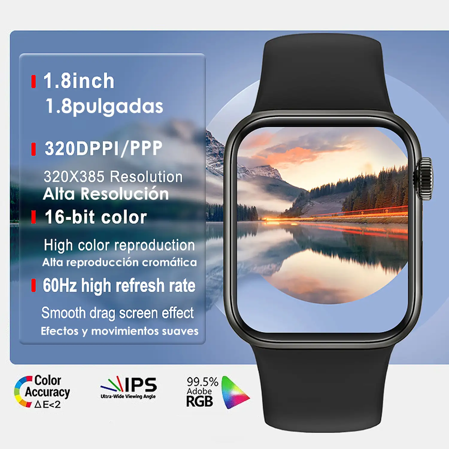 Smartwatch AW20 con notificaciones de redes sociales, modos deportivos, monitor cardiaco y oxígeno en sangre.