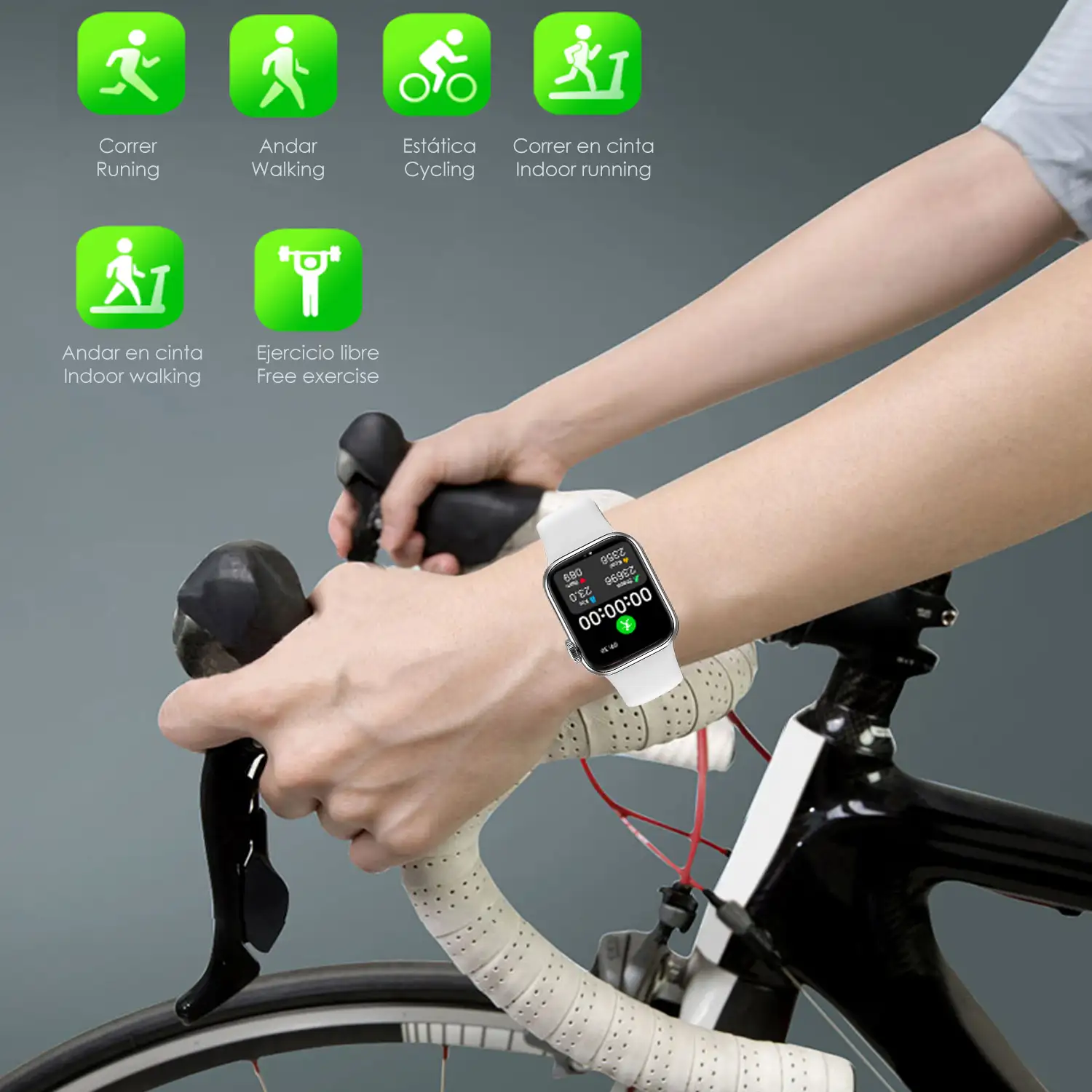 Smartwatch AW20 con notificaciones de redes sociales, modos deportivos, monitor cardiaco y oxígeno en sangre.