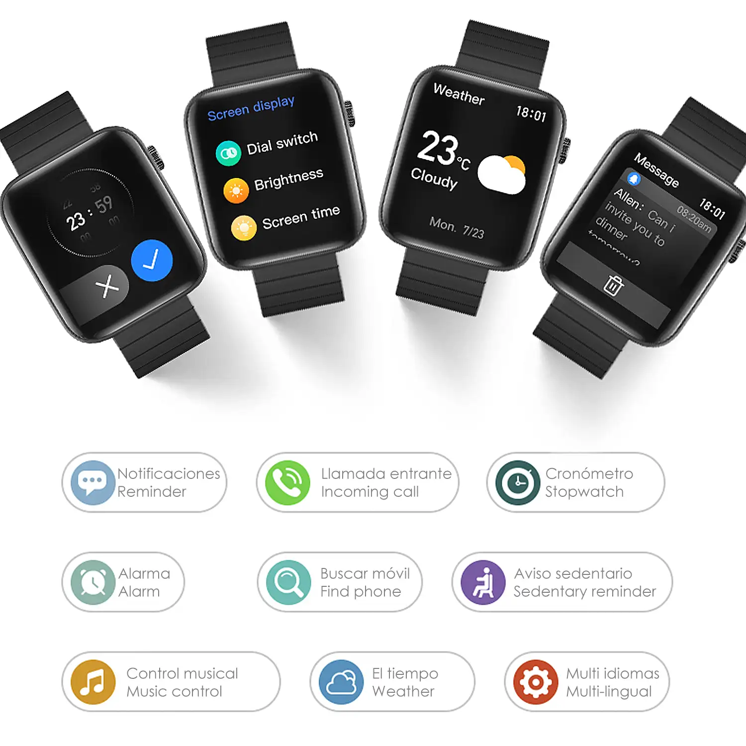 Smartwatch T68+ con termómetro, linterna, modo multideporte, monitor cardiaco y tensión.