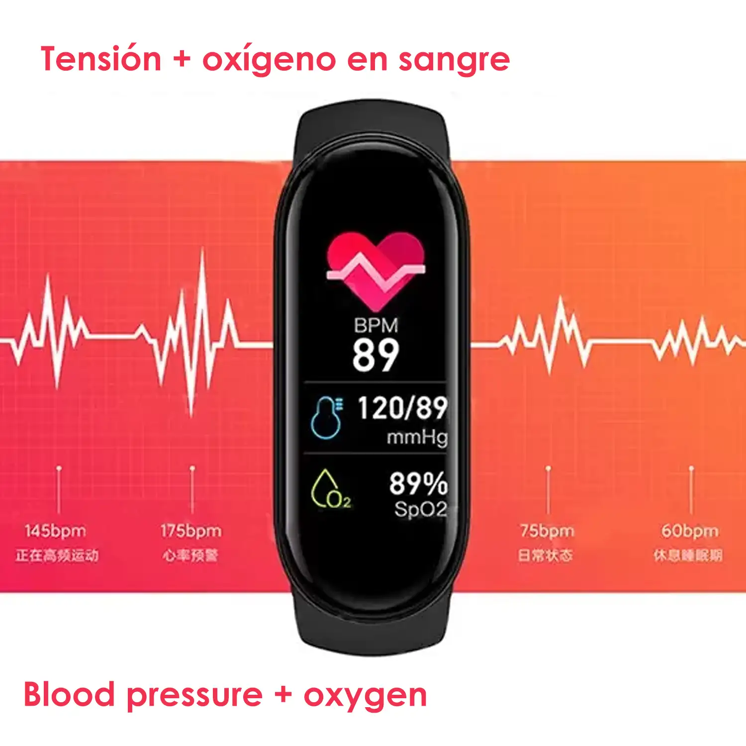 Brazalete inteligente M6 con monitor cardiaco, de tensión y oxígeno en sangre. Modo multideporte.