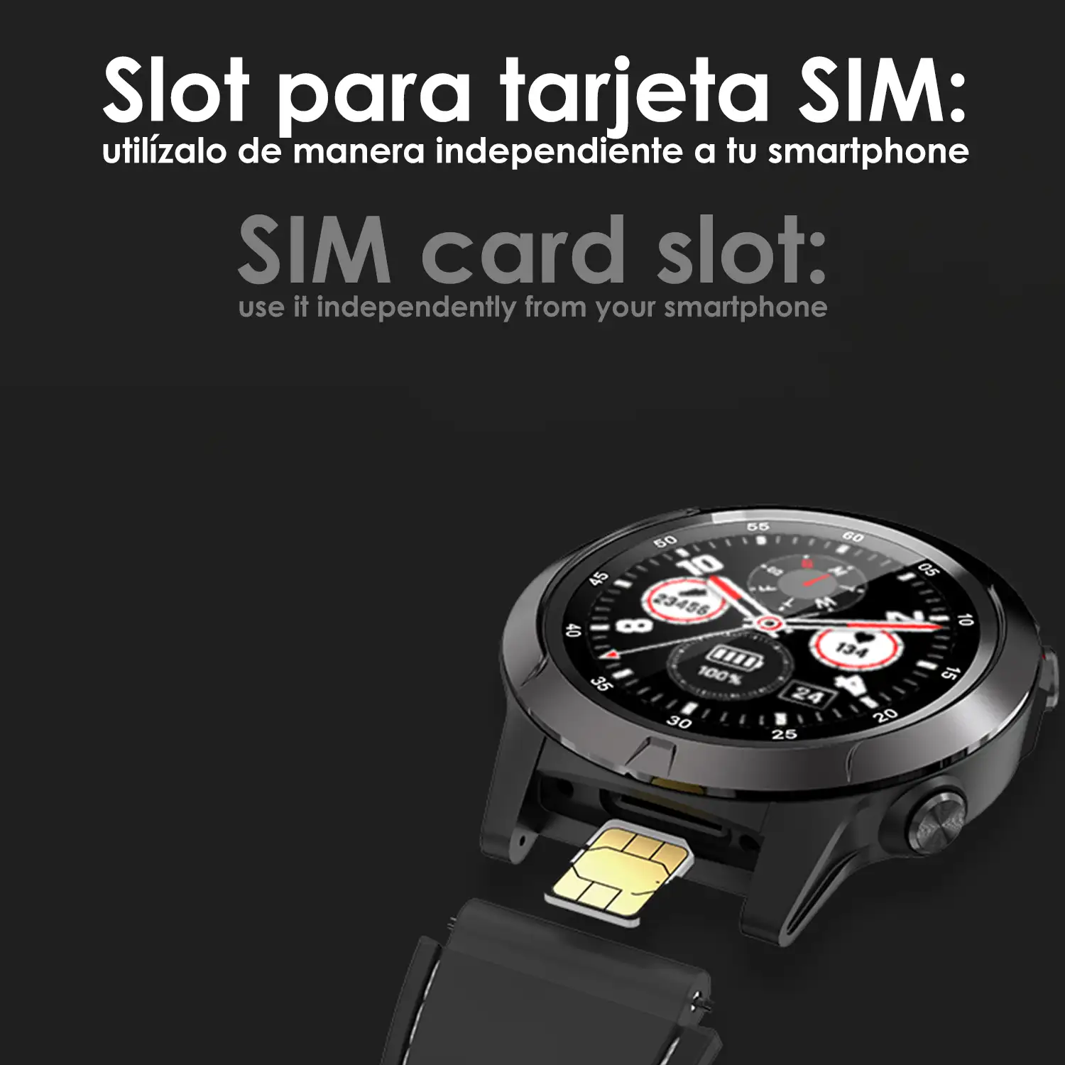 Smartwatch M4S con GPS, slot para tarjeta SIM, llamadas, modos multideportivos, monitor cardiaco y de tensión.