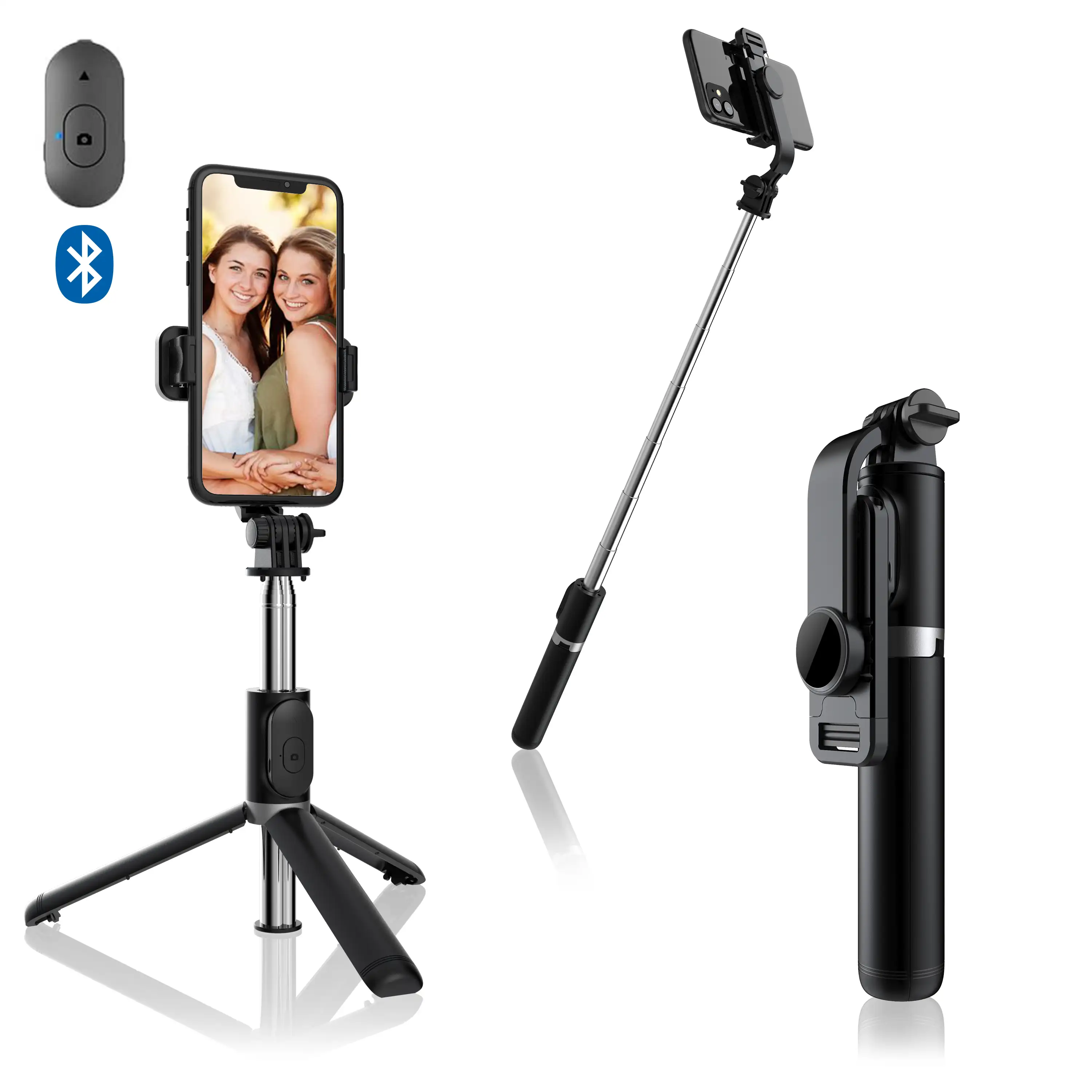 Palo selfie stick con trípode extensible y disparador remoto Bluetooth.