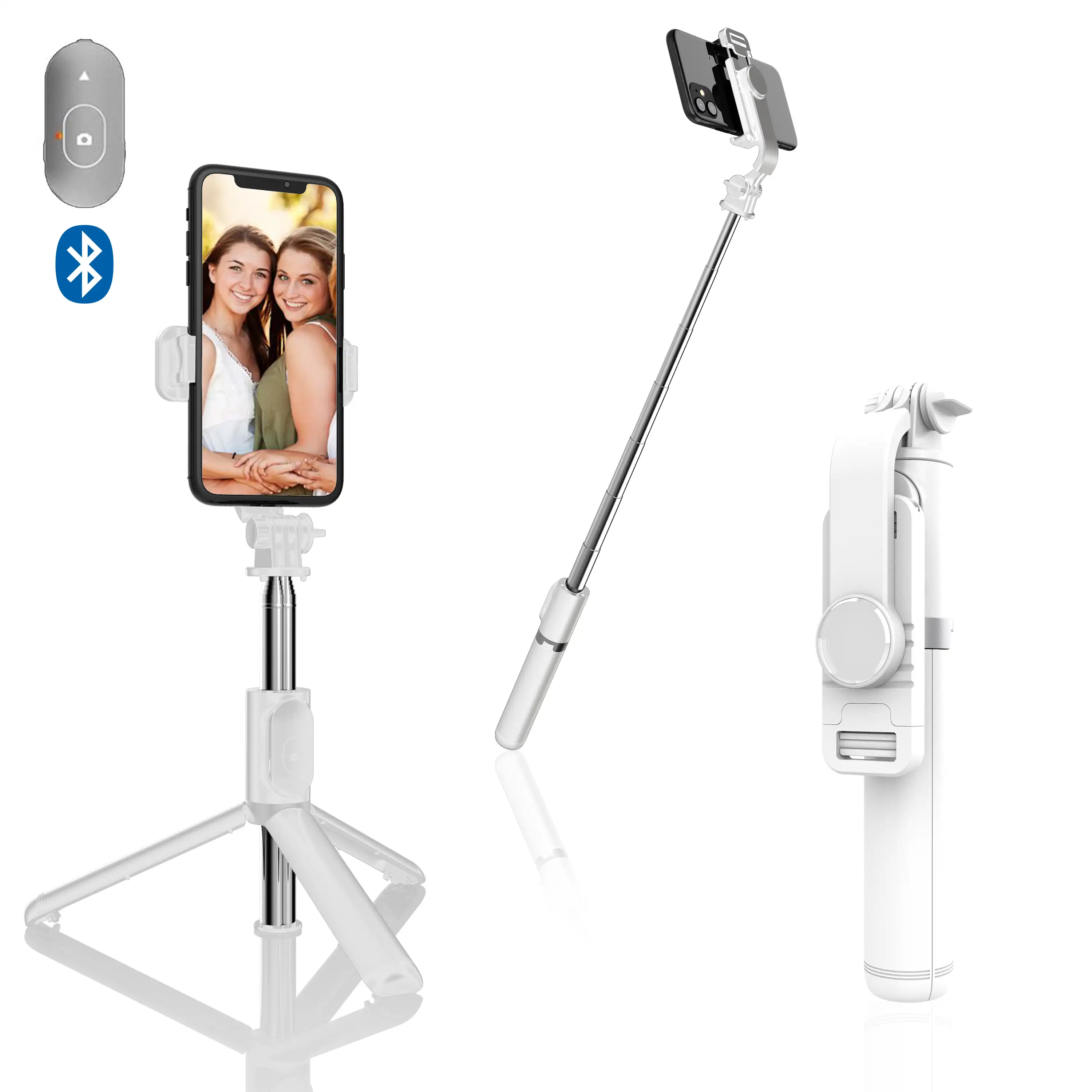 Palo selfie stick con trípode extensible y disparador remoto Bluetooth.