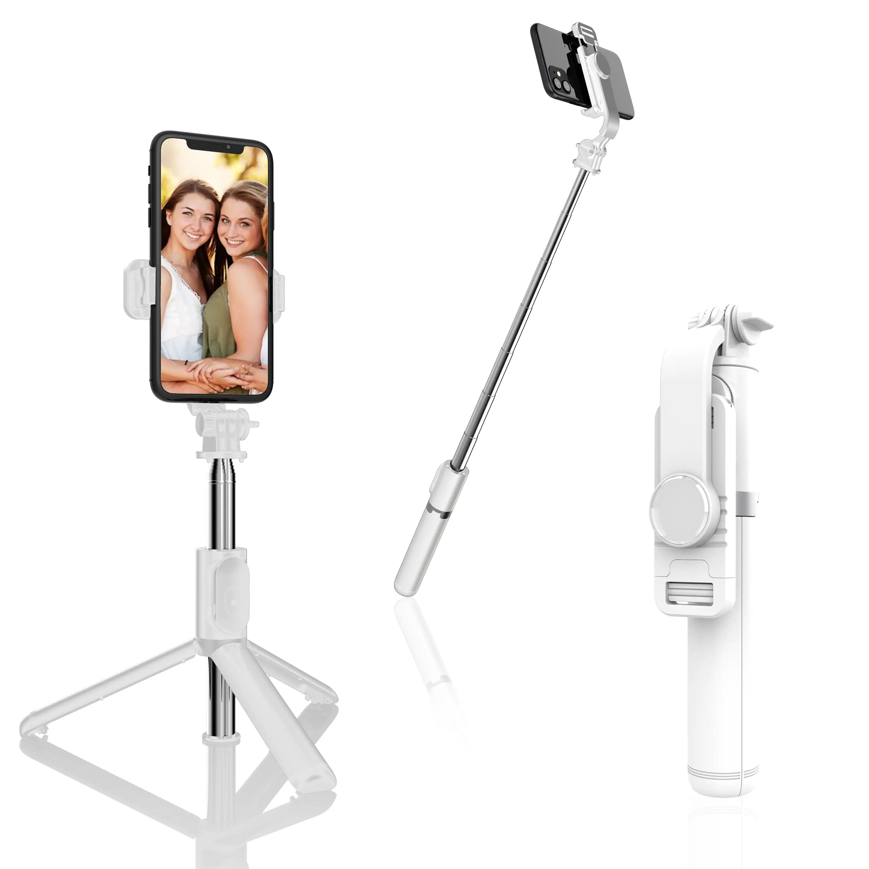 Palo selfie stick con trípode extensible y disparador remoto Bluetooth.