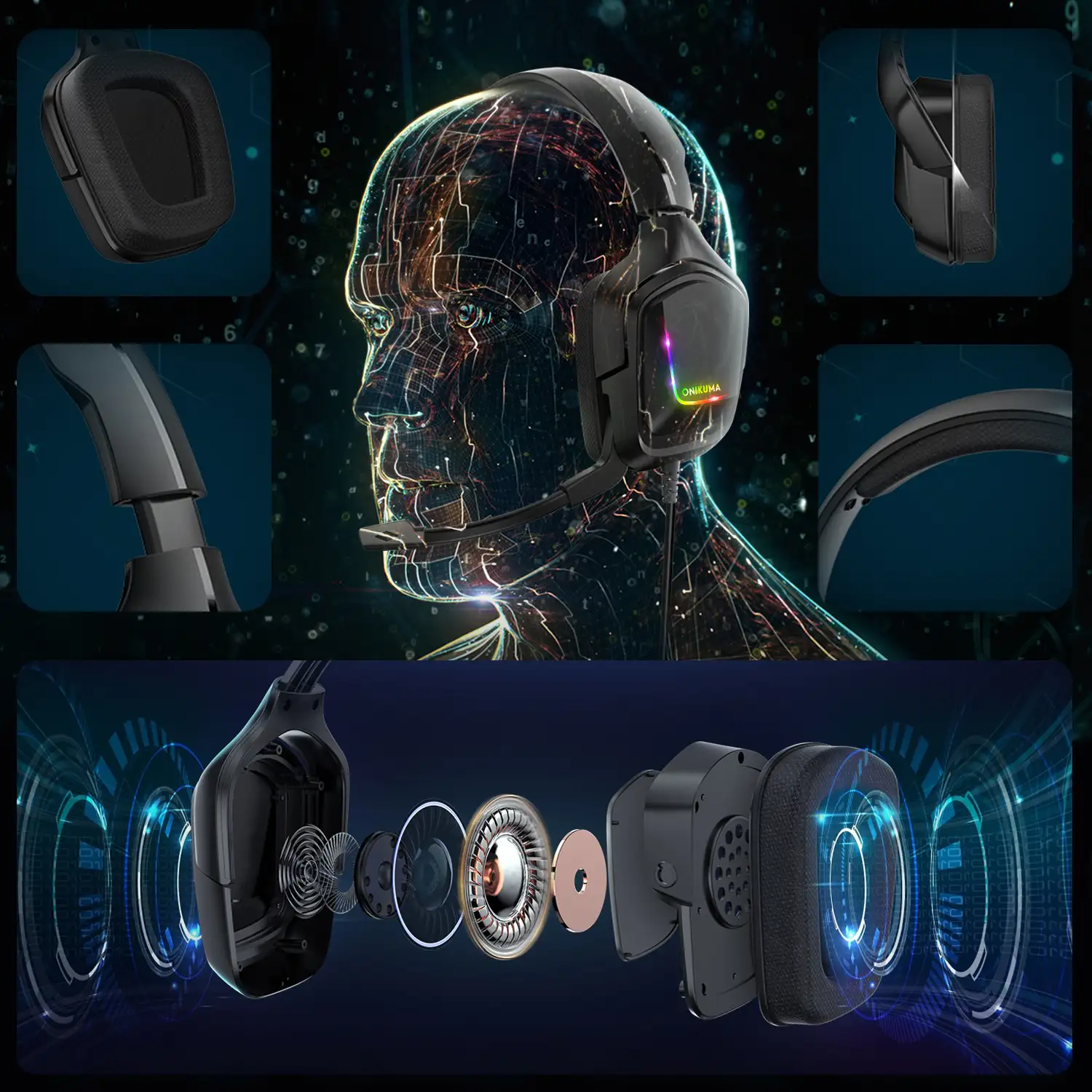 Headset Onikuma K20. Auriculares gaming por cable, con micro, luces LED RGB. Para PC, PS4, Xbox One, móvil, tablet, etc.