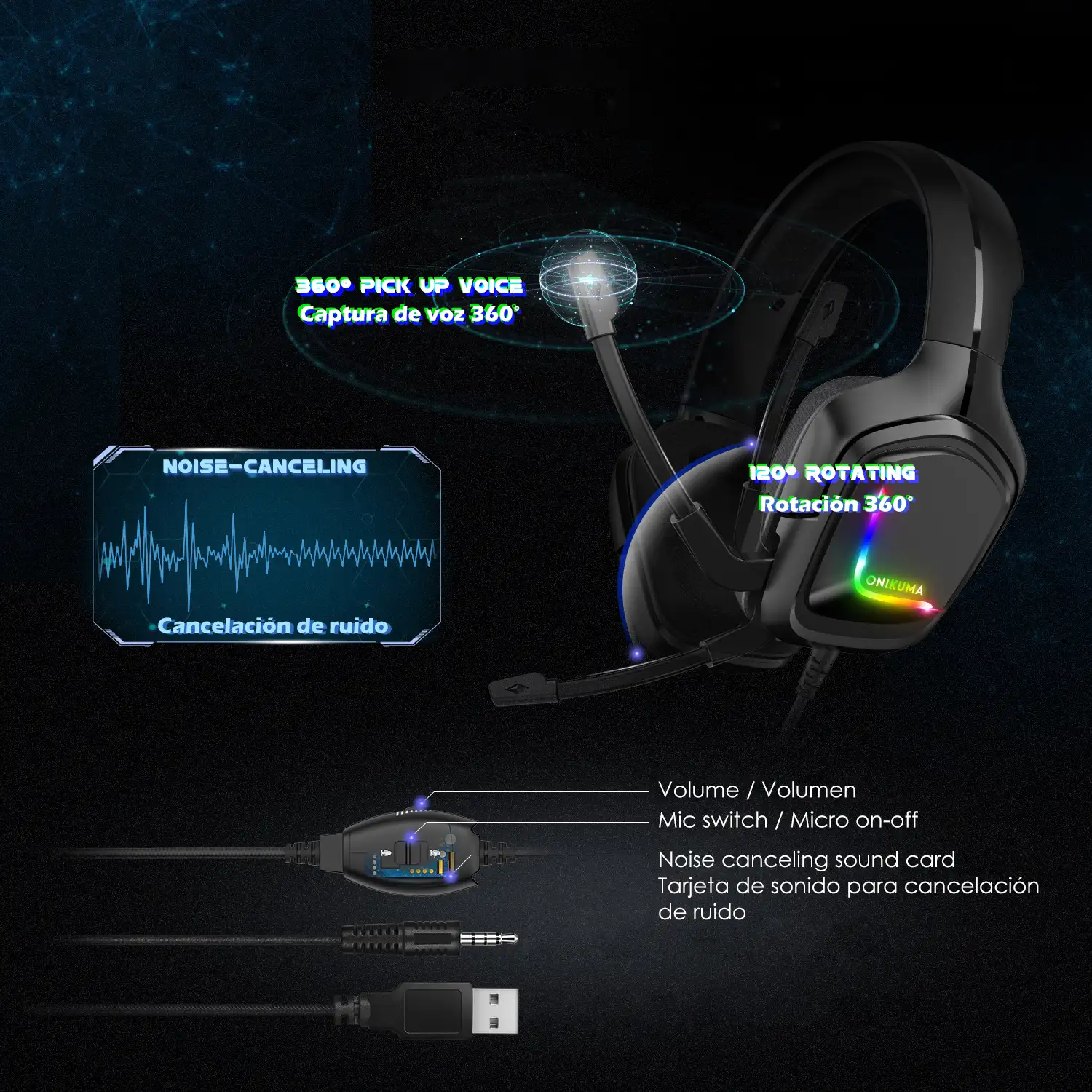 Headset Onikuma K20. Auriculares gaming por cable, con micro, luces LED RGB. Para PC, PS4, Xbox One, móvil, tablet, etc.