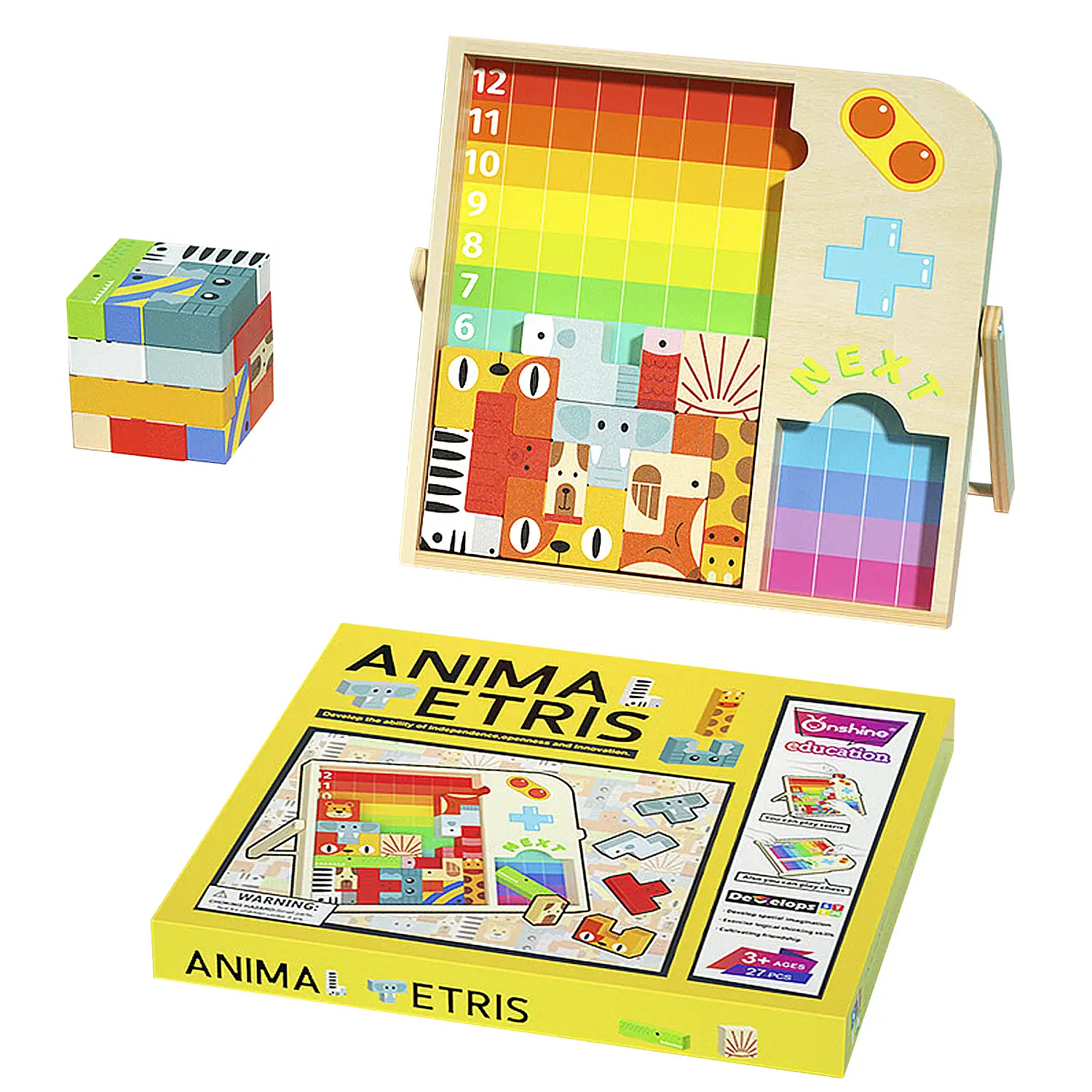 Tetris de animales para niños, con tablero y piezas de madera. Incluye cubo rompecabezas y 4 juegos para 2 jugadores.