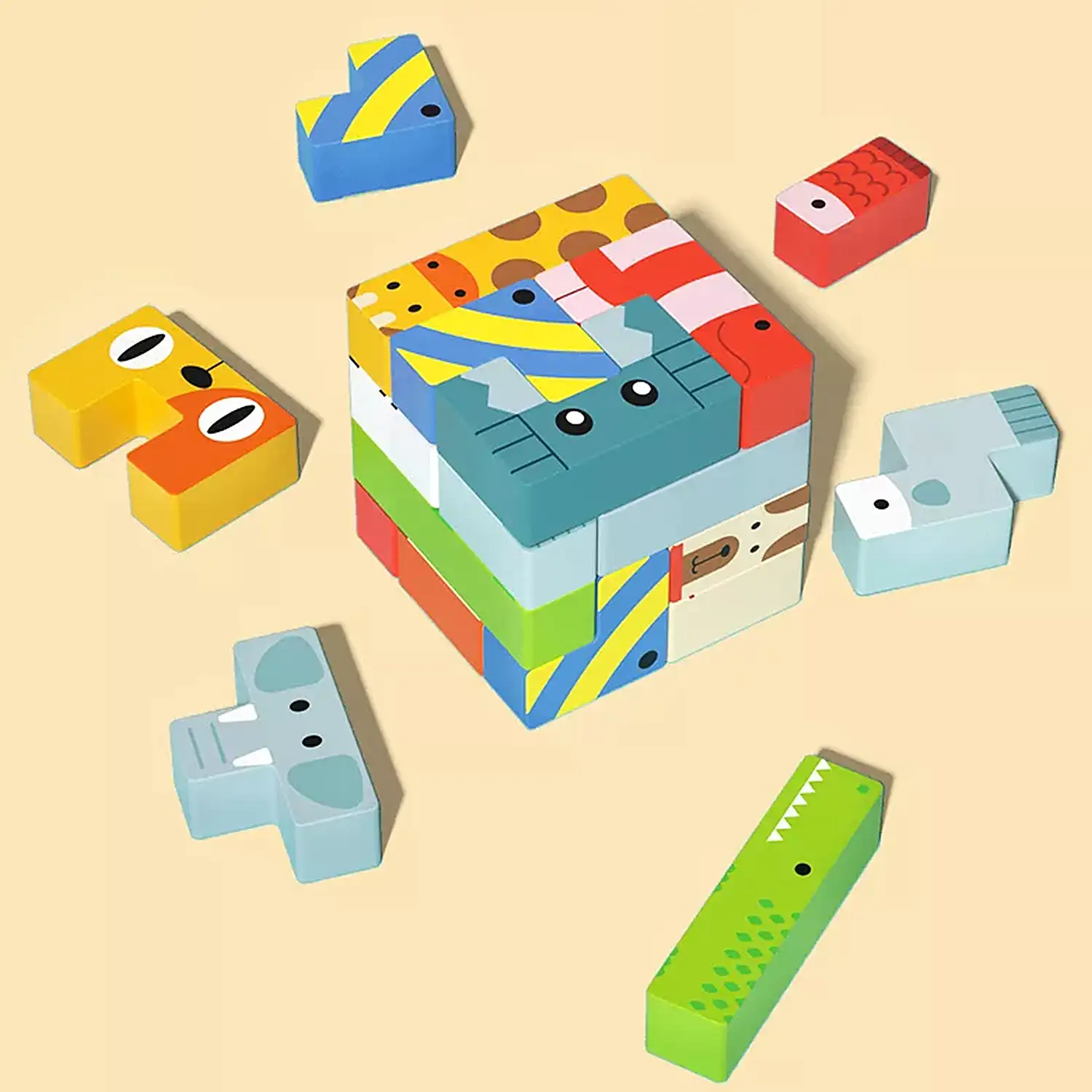 Tetris de animales para niños, con tablero y piezas de madera. Incluye cubo rompecabezas y 4 juegos para 2 jugadores.