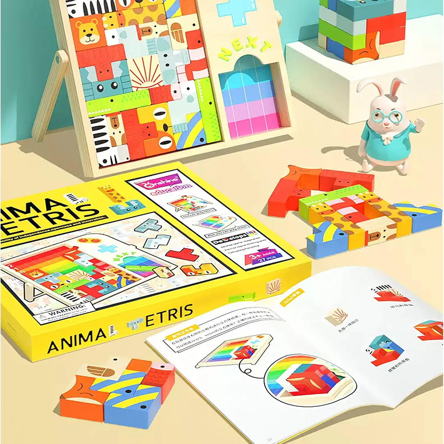 Tetris de animales para niños, con tablero y piezas de madera. Incluye cubo rompecabezas y 4 juegos para 2 jugadores.