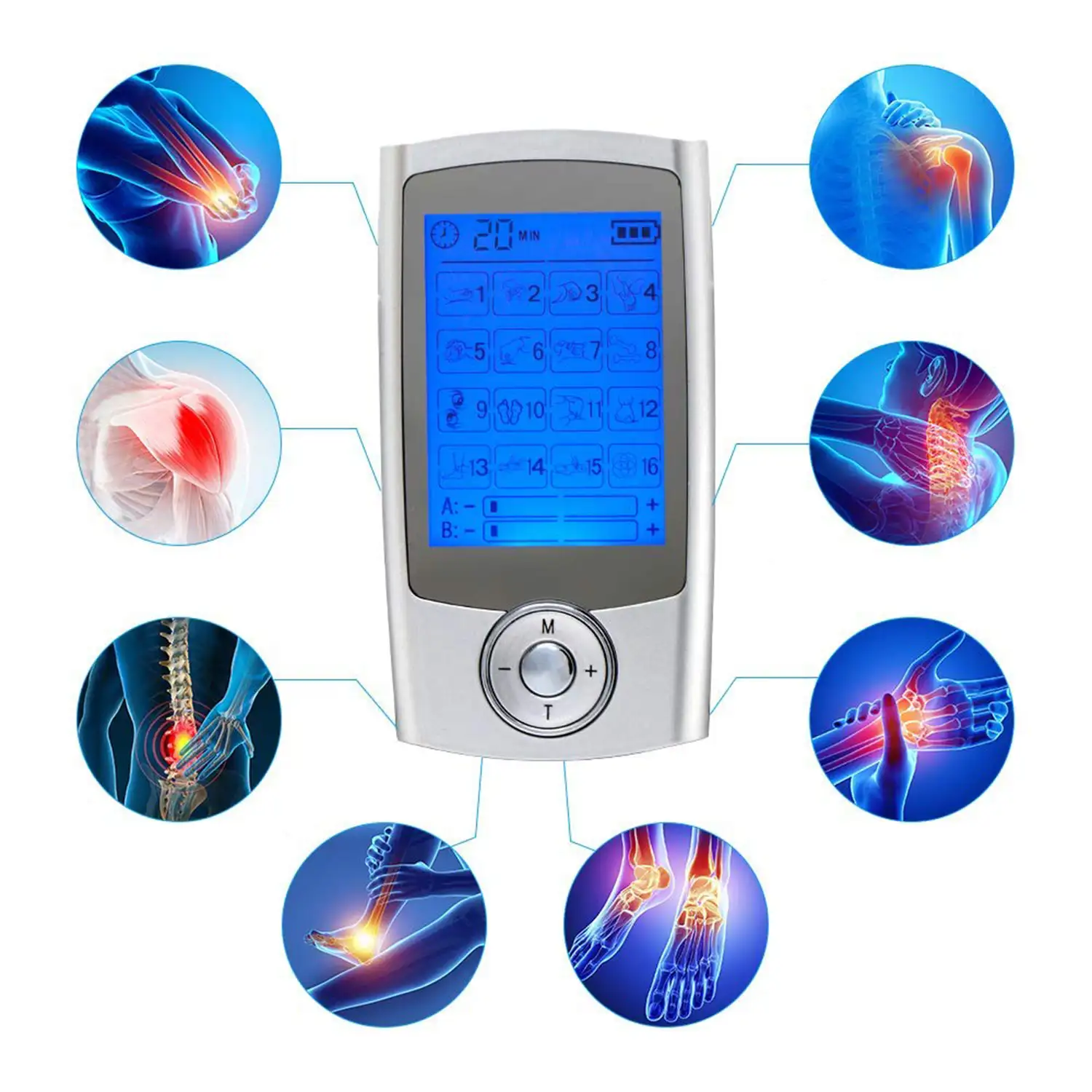 EMS Electroestimulador muscular MHD-16AB portátil. 16 modos, 20 intensidades, 2 canales duales. Tamaño compacto, batería recargable.