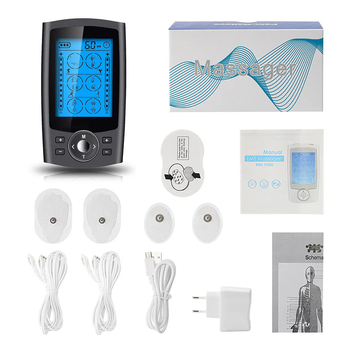 EMS Electroestimulador muscular MHD-24 portátil. 24 modos, 2 canales duales. Tamaño compacto, batería recargable.