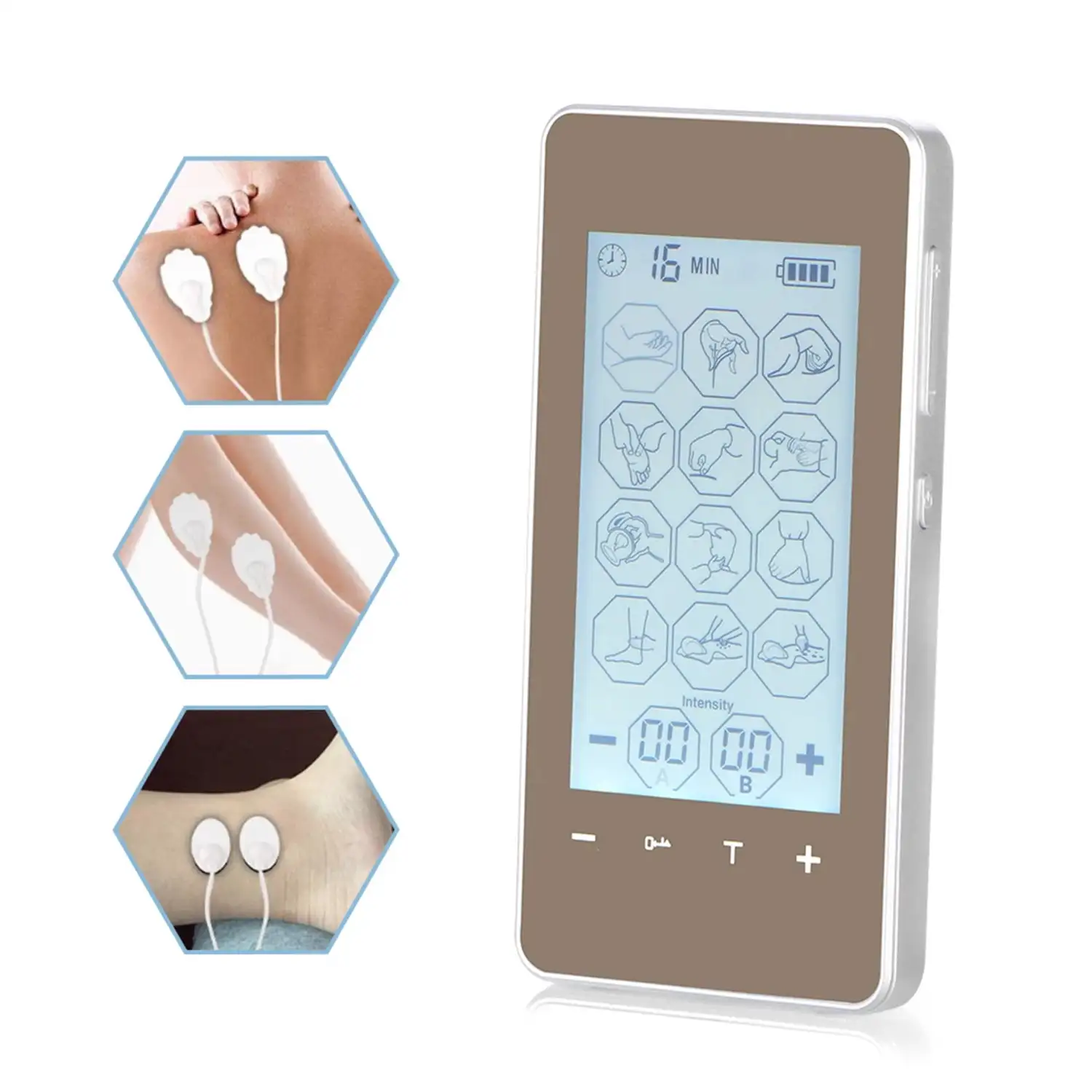 EMS Electroestimulador muscular MHD-12CMP portátil. 15 modos, 40 intensidades, 2 canales duales. Tamaño compacto, alimentación con pilas.