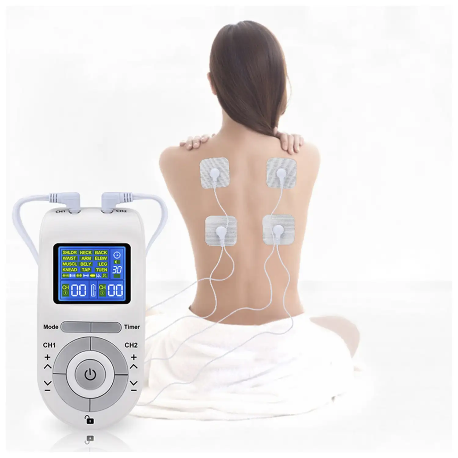 EMS Electroestimulador muscular MHD-16AB portátil. 16 modos, 20  intensidades, 2 canales duales. Tamaño compacto, batería recargable.