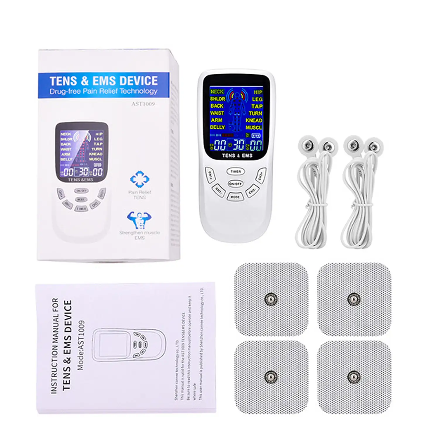 EMS Electroestimulador muscular MHD-12DCK2 portátil. 12 modos, 2 canales duales. Tamaño compacto, alimentación por pilas.