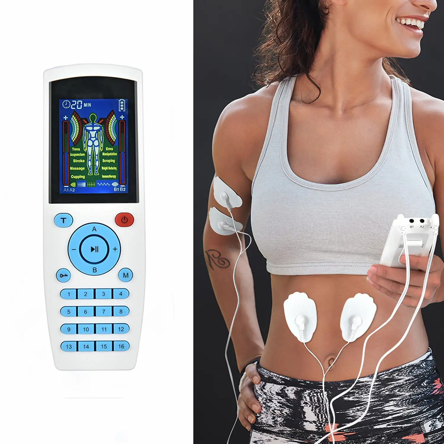 EMS Electroestimulador muscular MHD-YK16 portátil. 16 modos, 20  intensidades, 2 canales. Tamaño compacto, batería recargable.