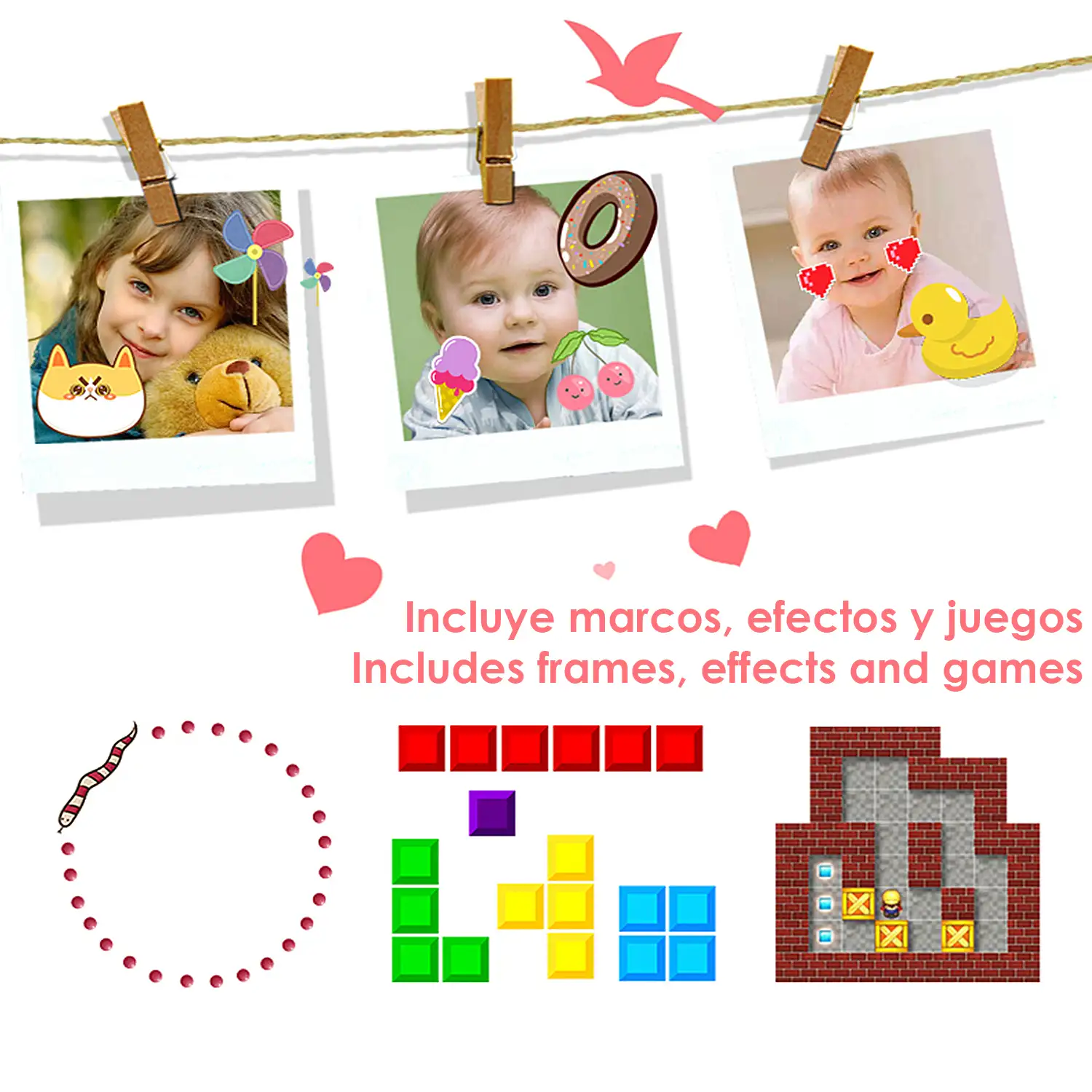 Cámara infantil de fotos y video, con juegos incorporados. HD 720 y hasta 40 megapíxeles. Pantalla de 2 pulgadas.