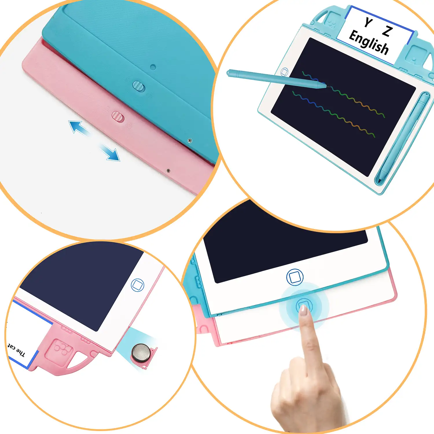 Tableta de dibujo y escritura LCD de 8,4 pulgadas, fondo multicolor. Portátil, con bloqueo de borrado. Incluye tarjetas de aprendizaje para escribir y dibujar.